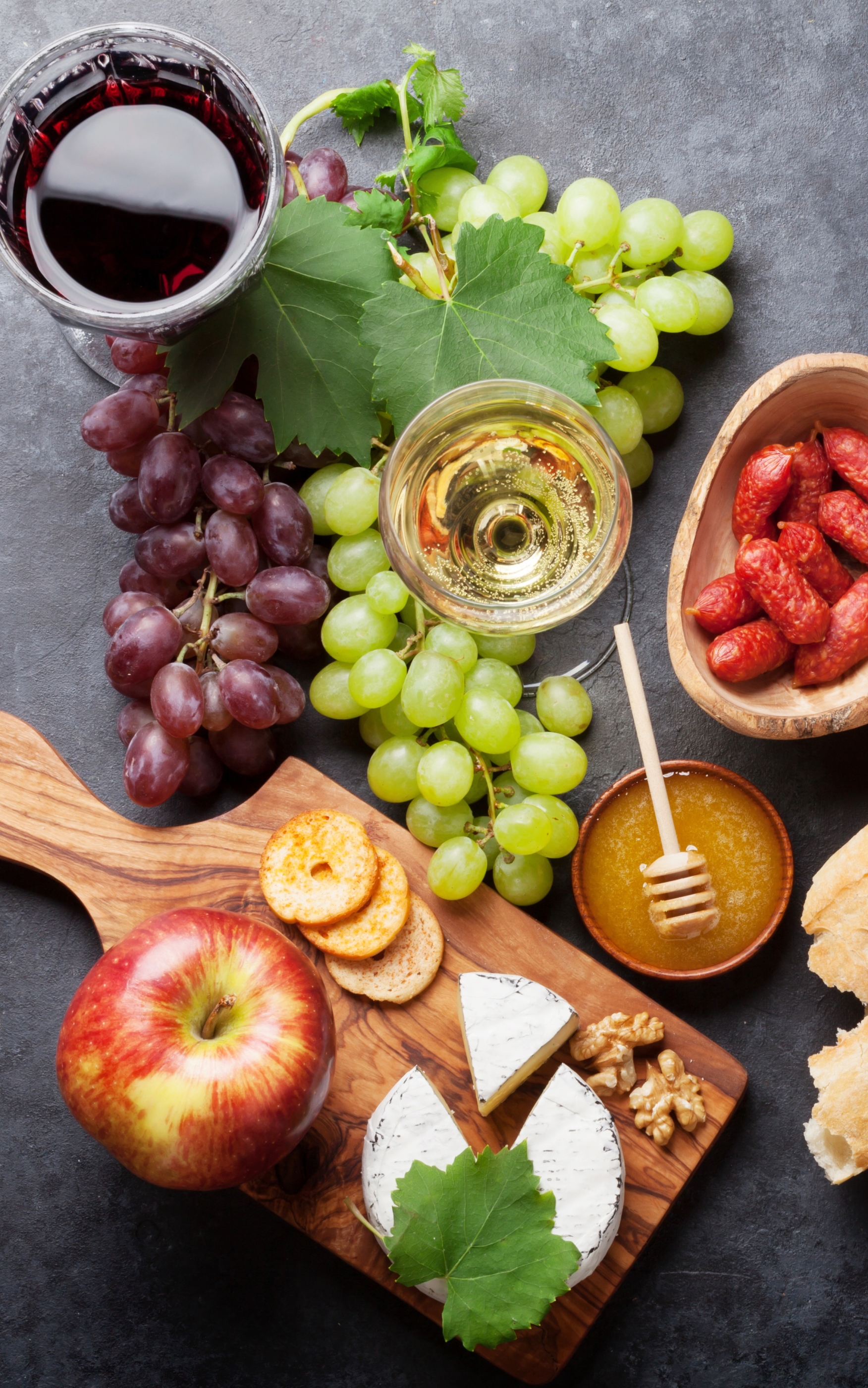 Download mobile wallpaper Food, Apple, Cheese, Grapes, Still Life, Honey, Wine for free.