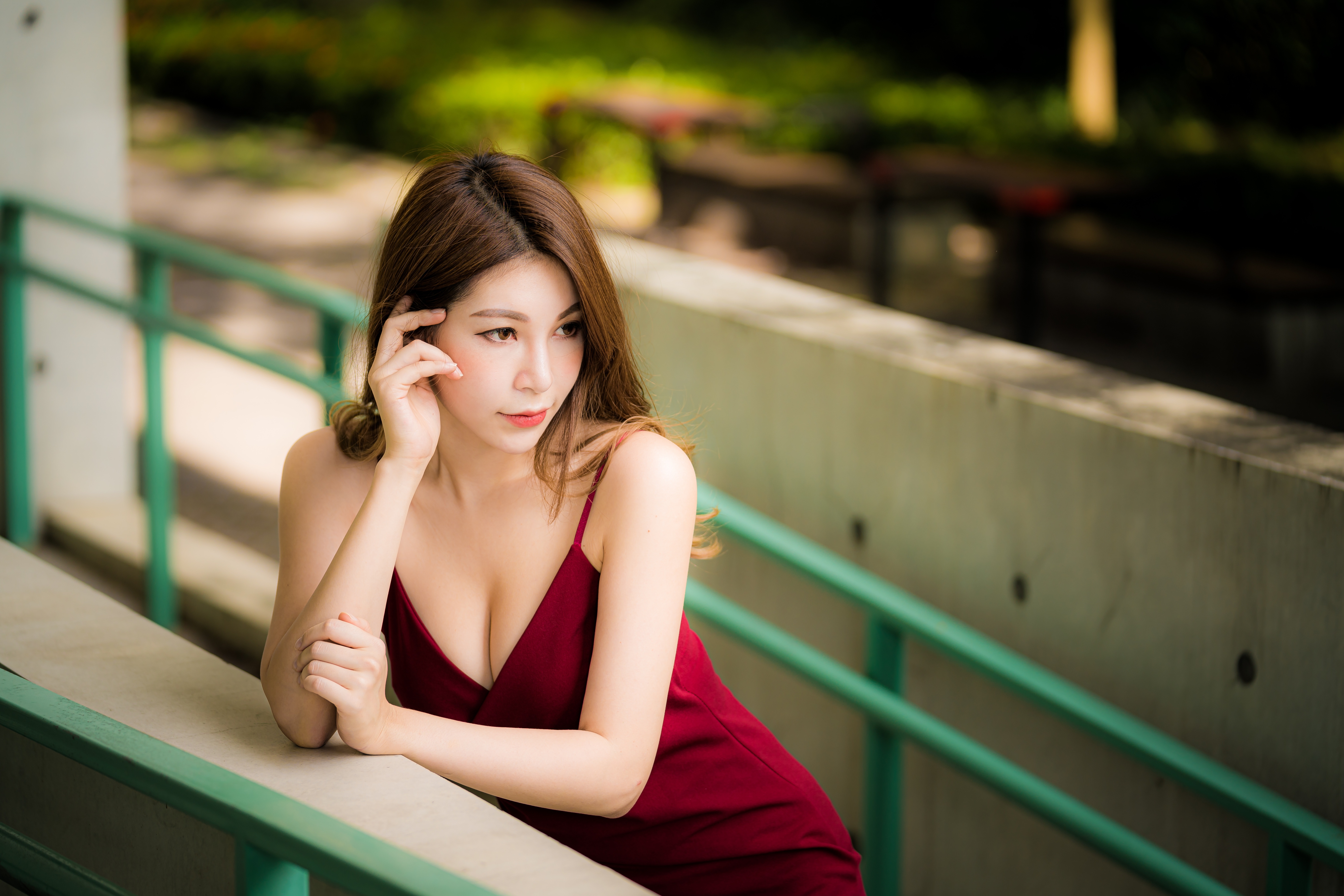 Download mobile wallpaper Brunette, Model, Women, Asian, Red Dress, Depth Of Field for free.