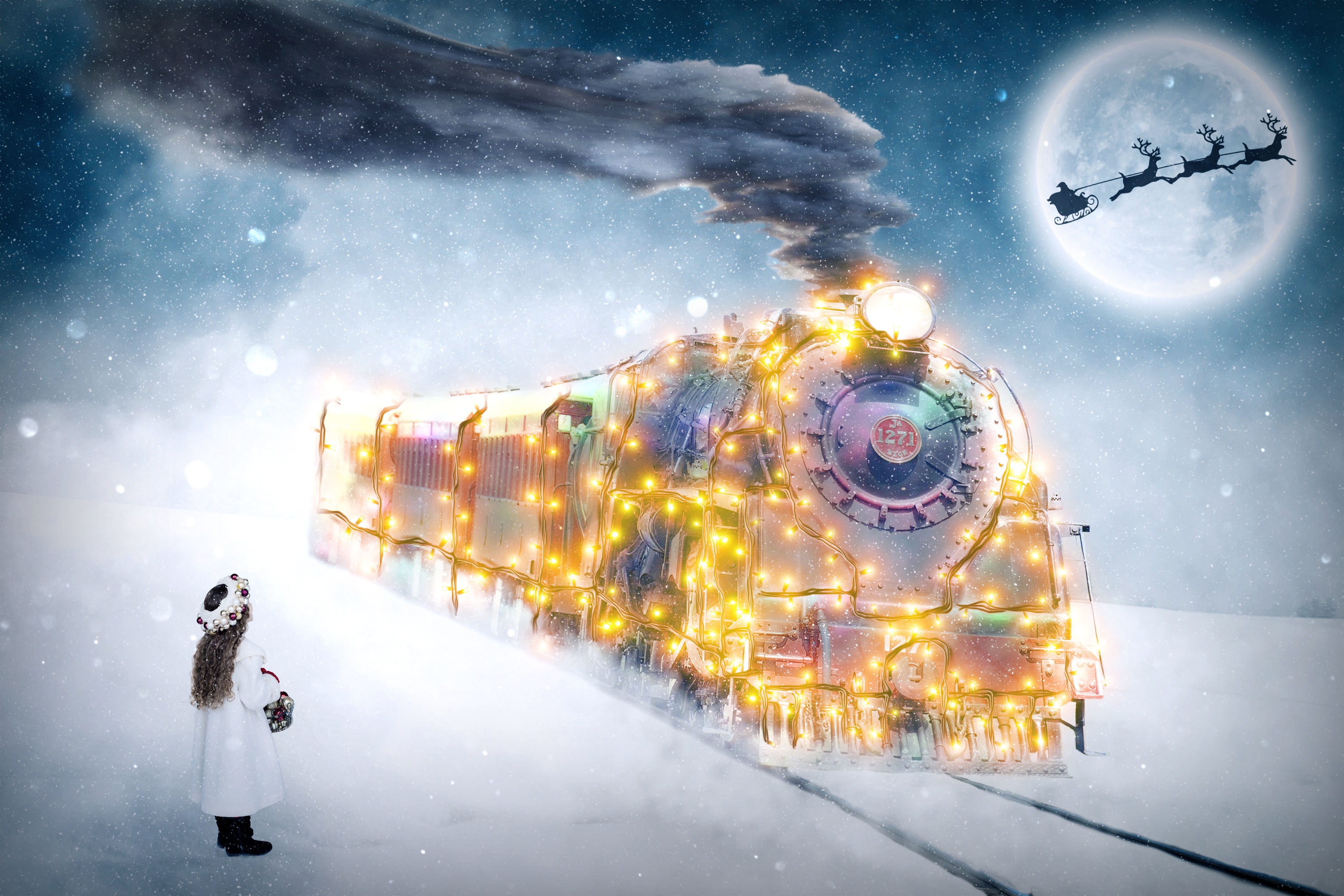 Free download wallpaper Moon, Christmas, Holiday, Child, Train, Santa on your PC desktop