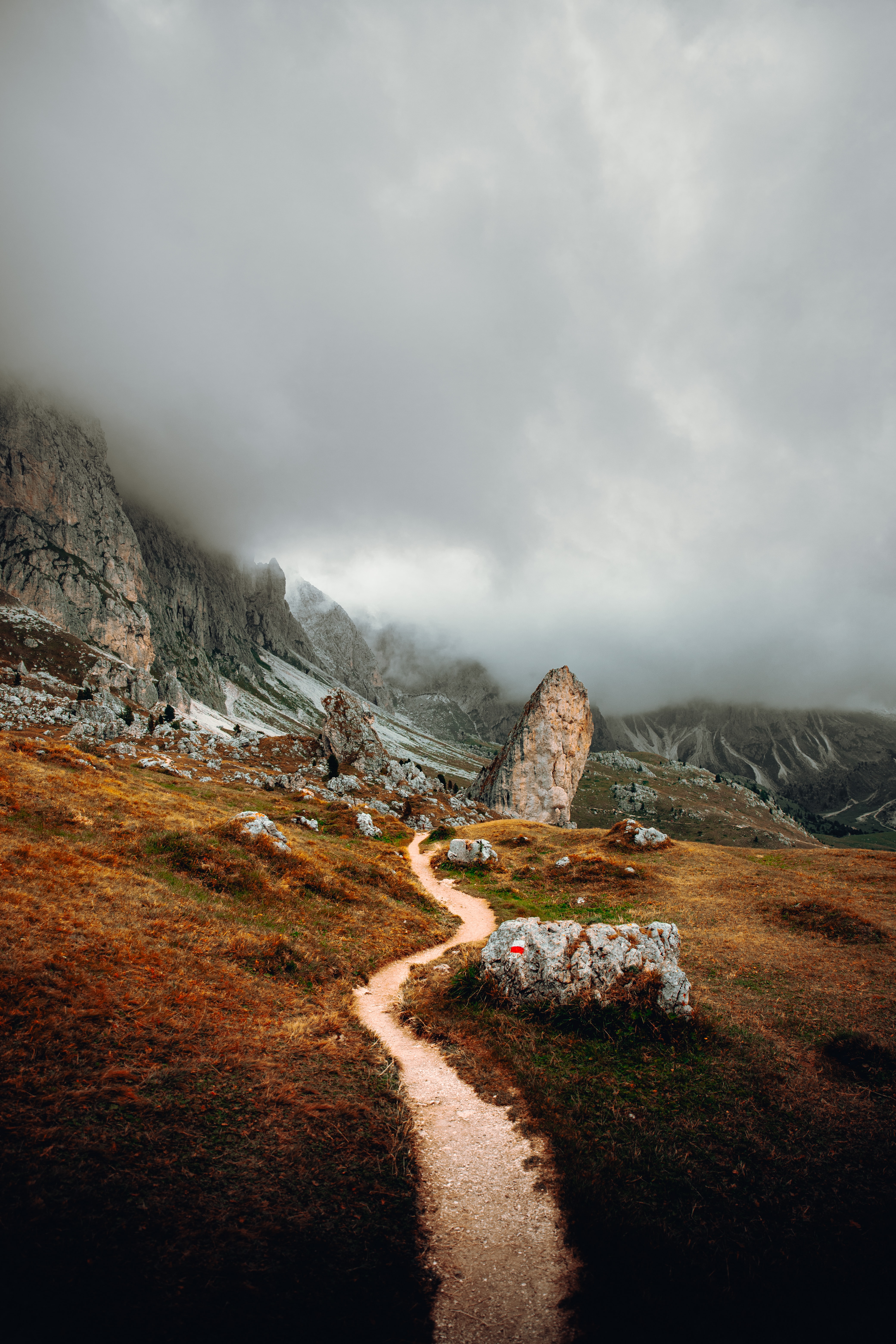 Download mobile wallpaper Trail, Clouds, Path, Mountains, Stones, Road, Nature for free.