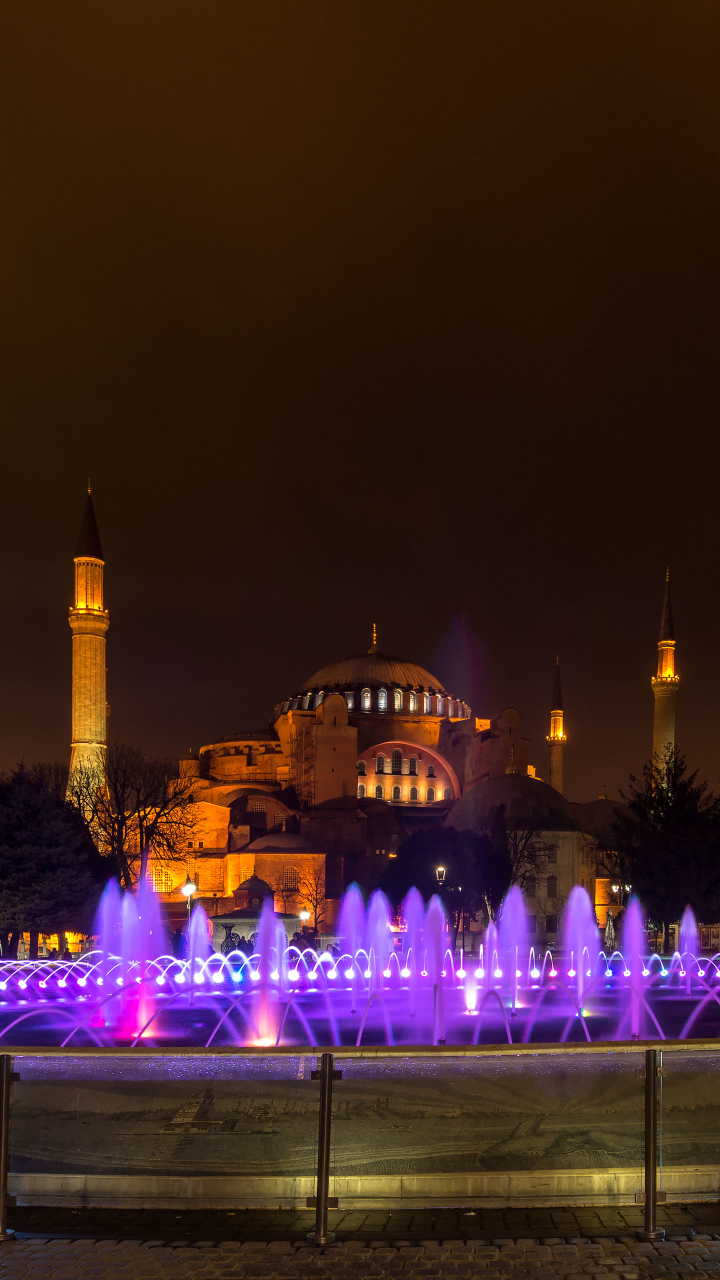 Descarga gratuita de fondo de pantalla para móvil de Noche, Fuente, Pavo, Turquía, Mezquita, Estanbul, Estambul, Religioso, Santa Sofía, Mezquitas.