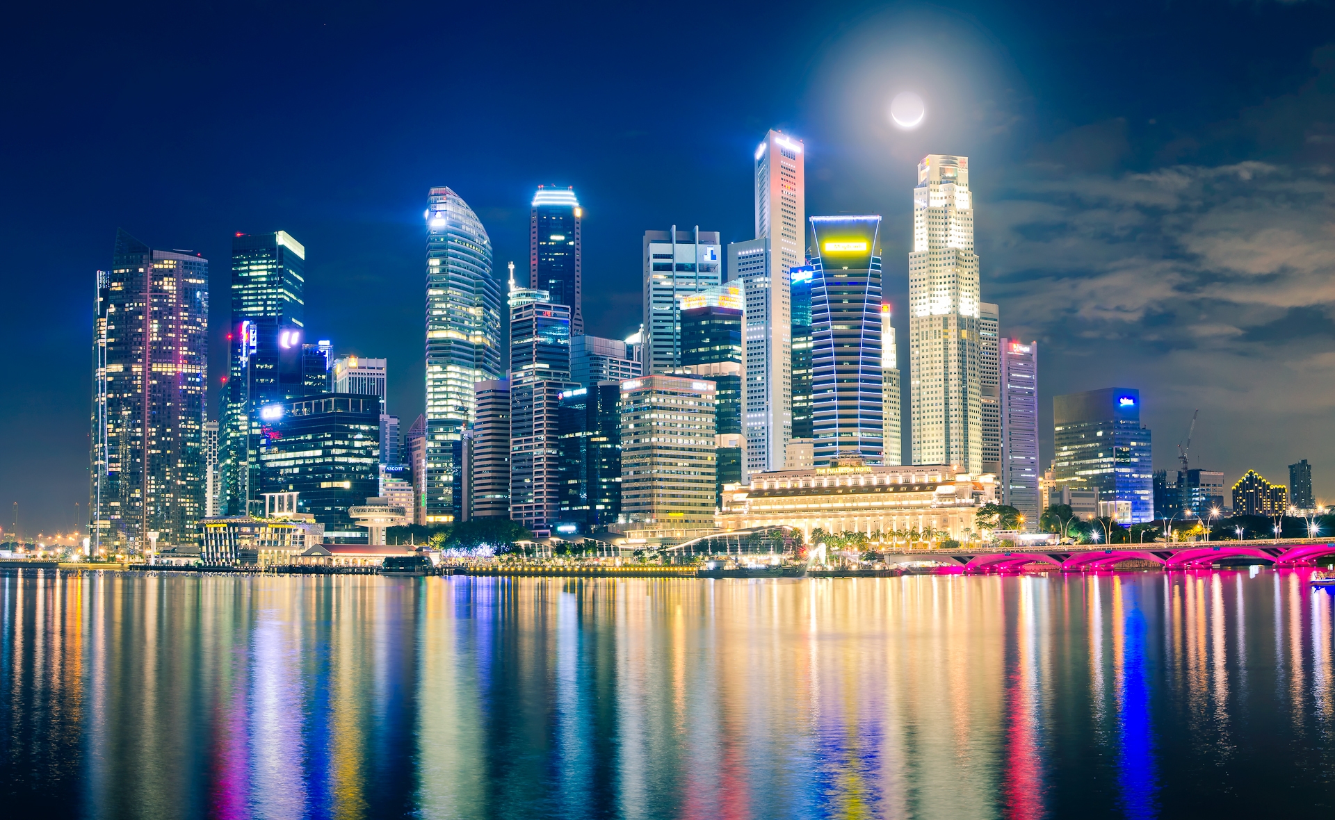 Laden Sie das Übernachtung, Die Lichter, Reflexion, Singapur, Lichter, Städte-Bild kostenlos auf Ihren PC-Desktop herunter