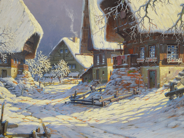 Laden Sie das Winter, Schnee, Dorf, Malerei, Künstlerisch-Bild kostenlos auf Ihren PC-Desktop herunter