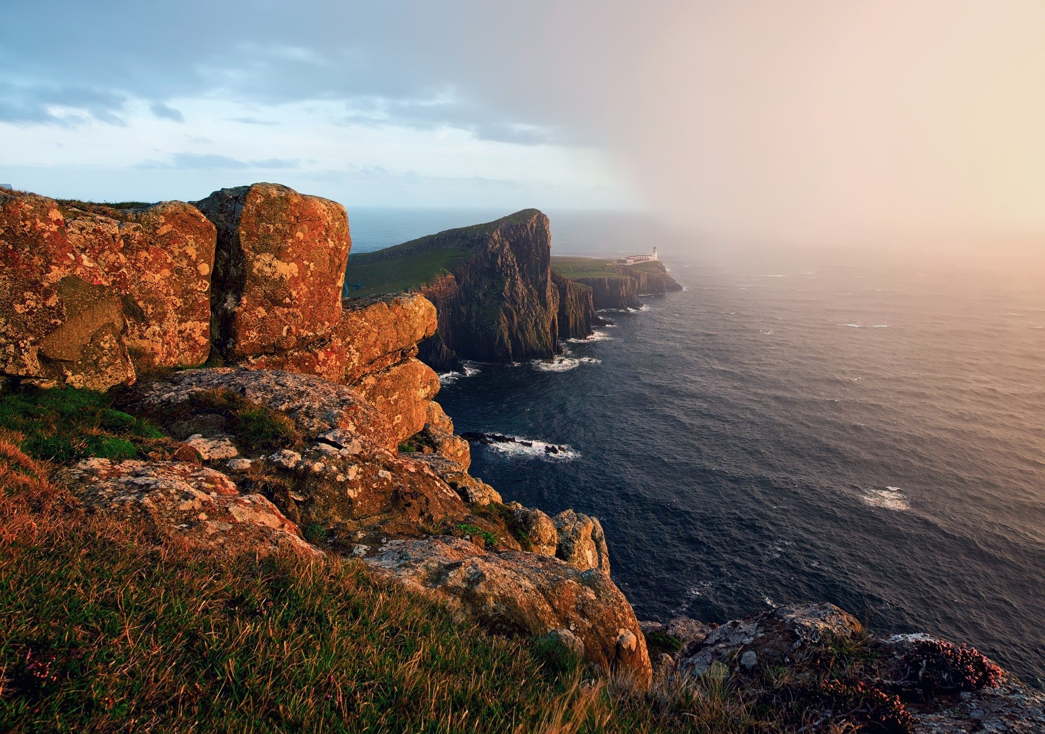 Download mobile wallpaper Sea, Fog, Earth, Scotland, Lighthouse, Cape, The Hebrides for free.