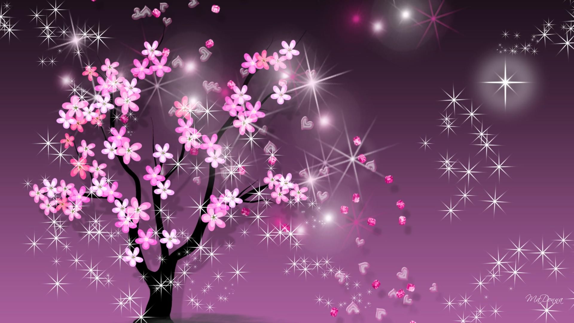 Download mobile wallpaper Pink, Flower, Tree, Artistic, Sparkles for free.