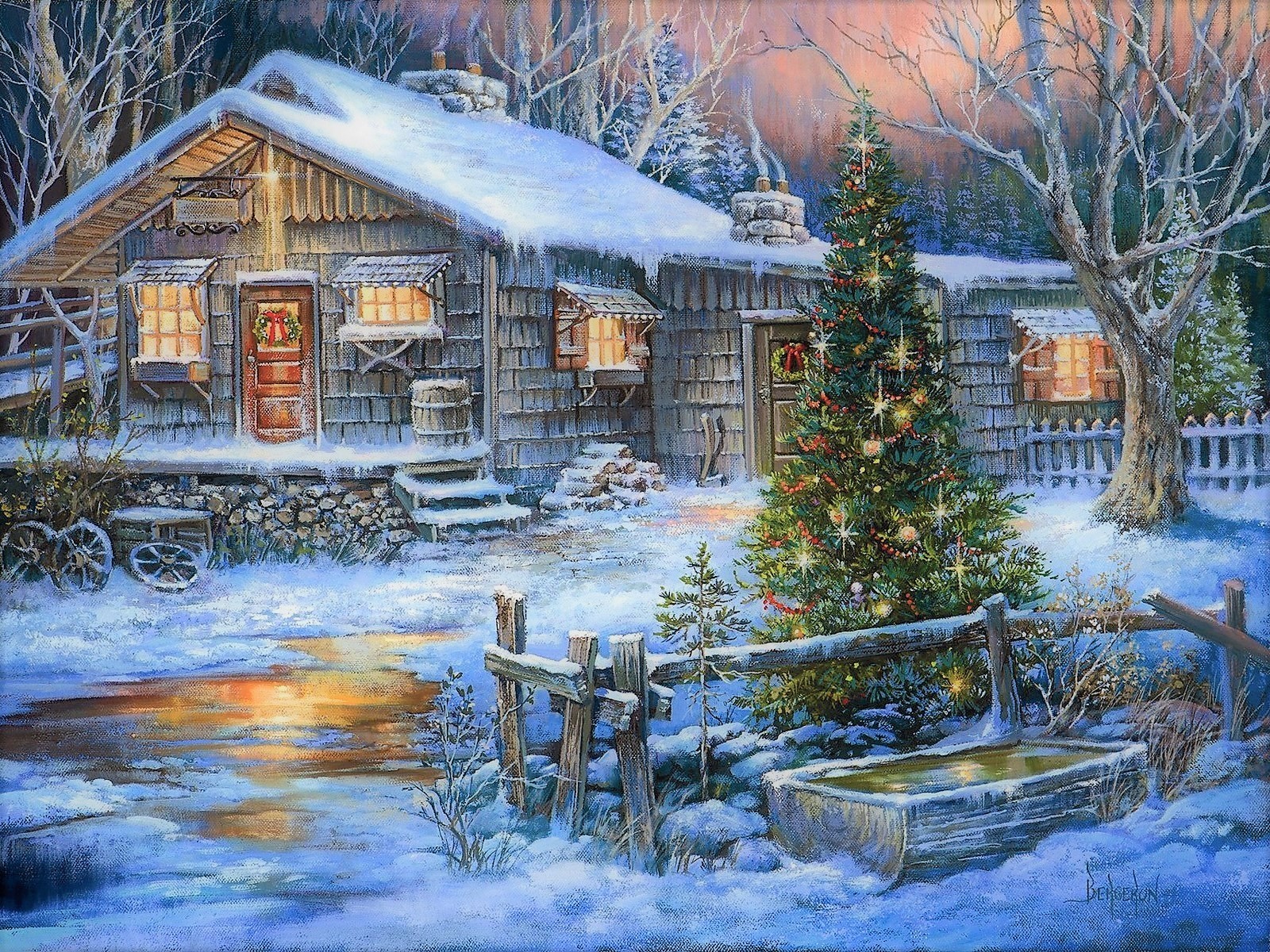 874776画像をダウンロード芸術的, ペインティング, クリスマスツリー, クリスマス, 国, ホリデー, 家, 雪, 木, 冬-壁紙とスクリーンセーバーを無料で
