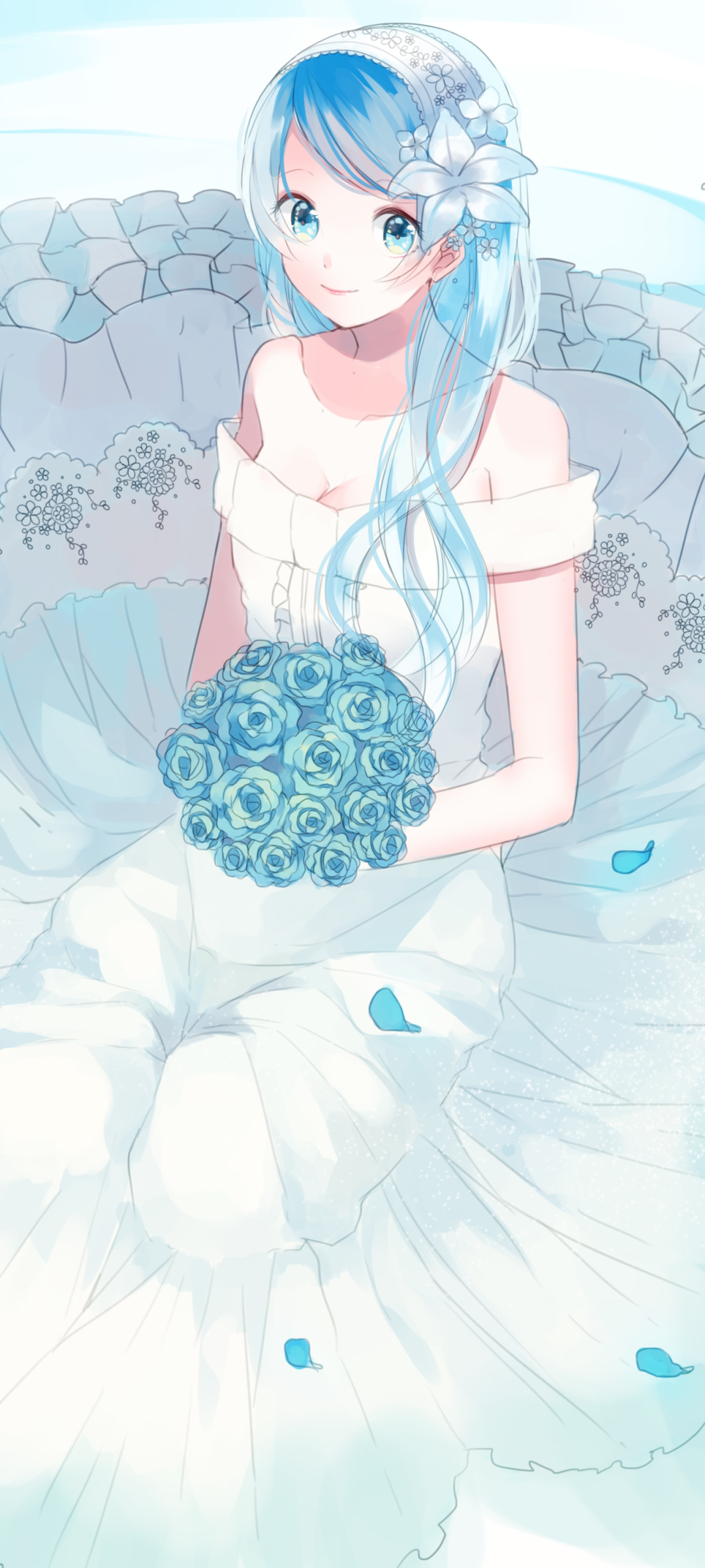 Download mobile wallpaper Anime, Flower, Rose, Dress, Blue Eyes, Original, Blue Hair, Long Hair for free.