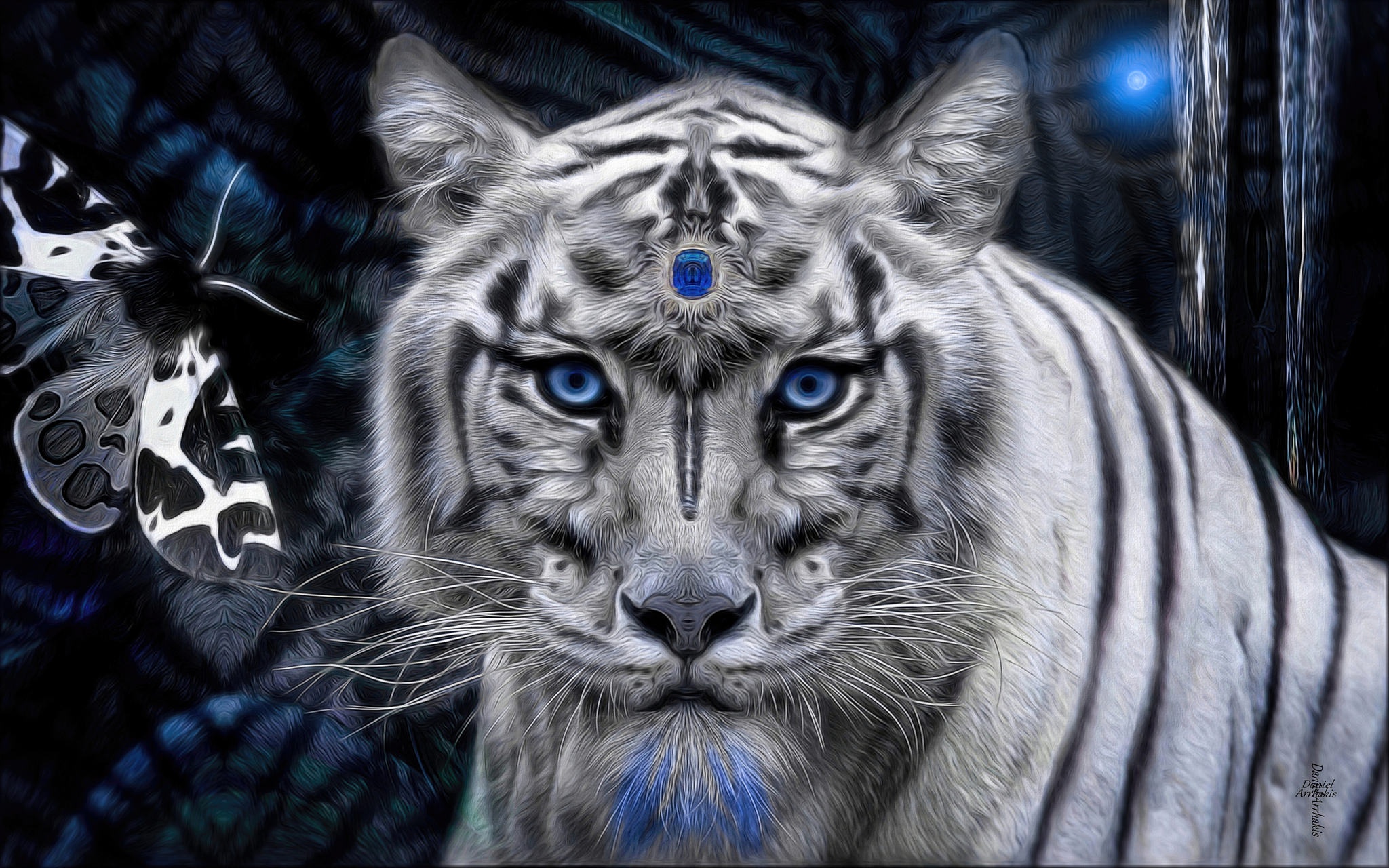 Descarga gratuita de fondo de pantalla para móvil de Fantasía, Tigre, Ojos Azules, Tigre Blanco, Mirar Fijamente, Animales De Fantasía.