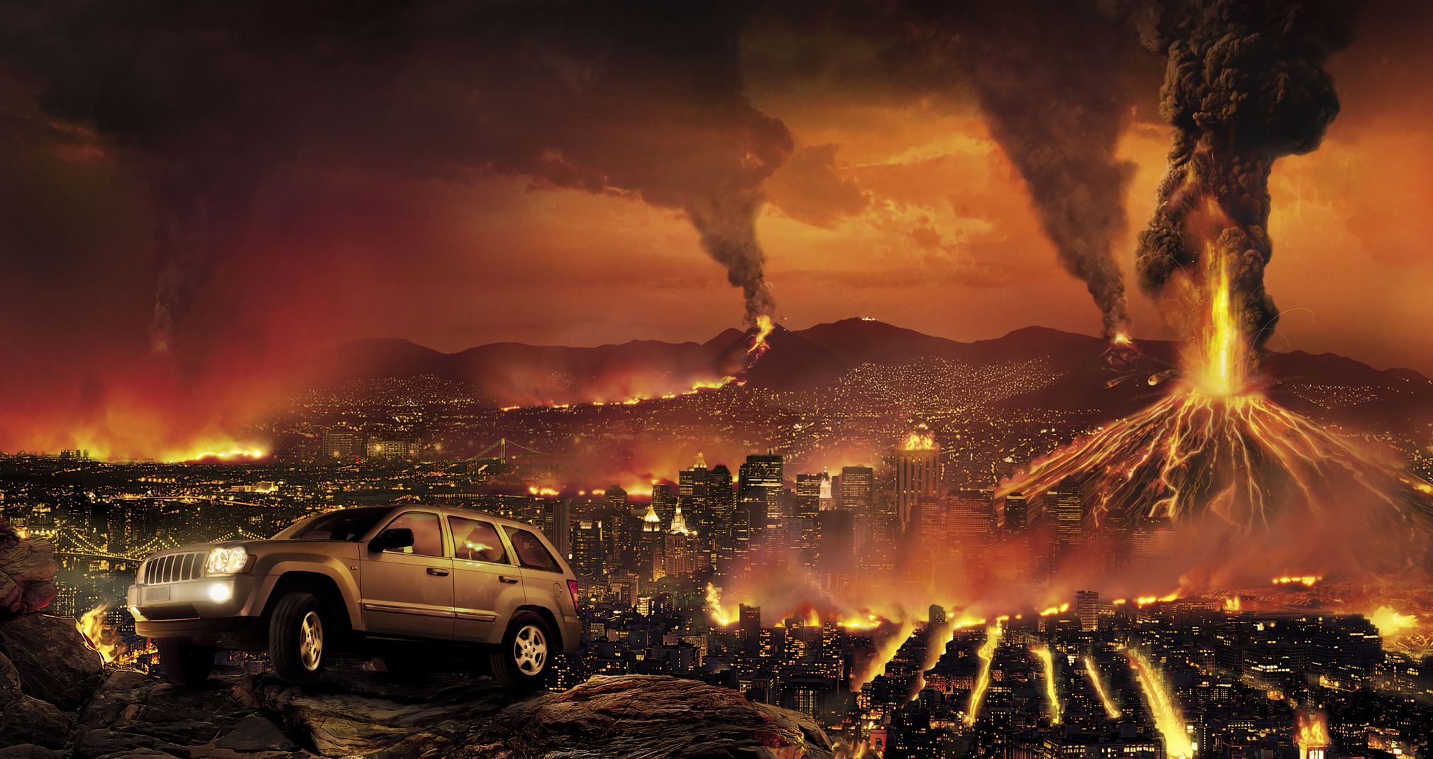 Laden Sie das Feuer, Science Fiction, Autos, Vulkan, Apokalypse, Rauch, Großstadt, Apokalyptisch-Bild kostenlos auf Ihren PC-Desktop herunter