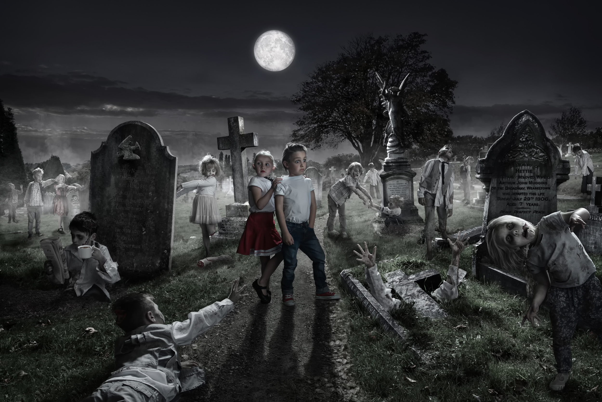 Download mobile wallpaper Night, Child, Humor, Zombie, Cemetery for free.
