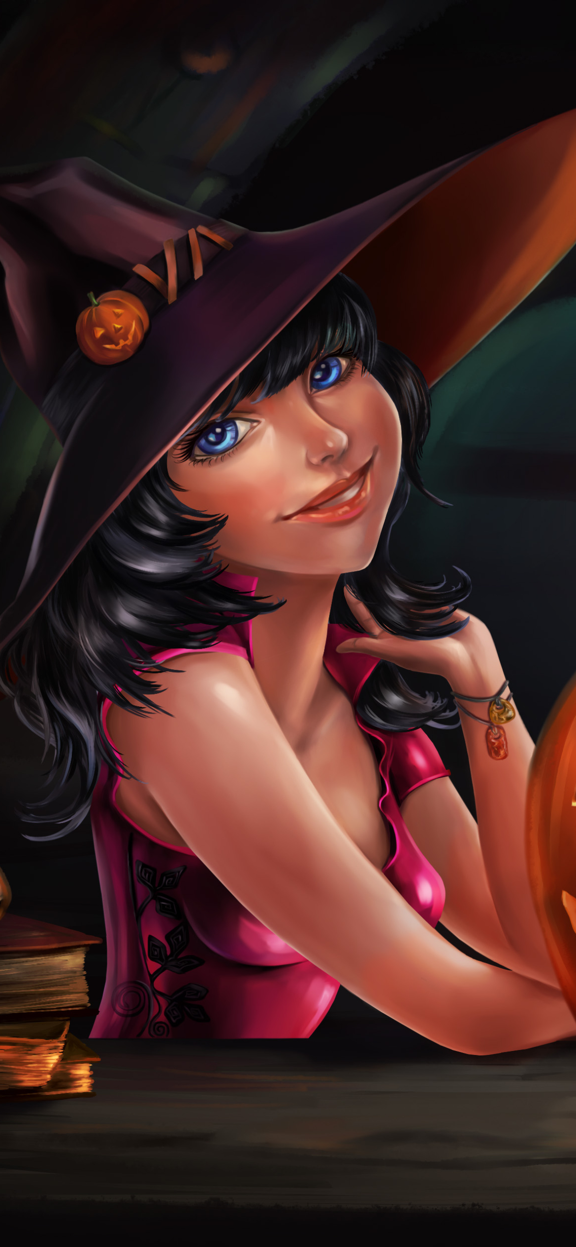 Download mobile wallpaper Halloween, Holiday, Blue Eyes, Witch, Black Hair, Witch Hat for free.