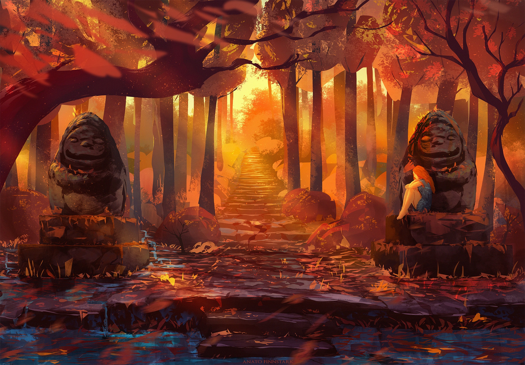 Free download wallpaper Fantasy, Forest, Fall, Path, Statue, Oriental on your PC desktop