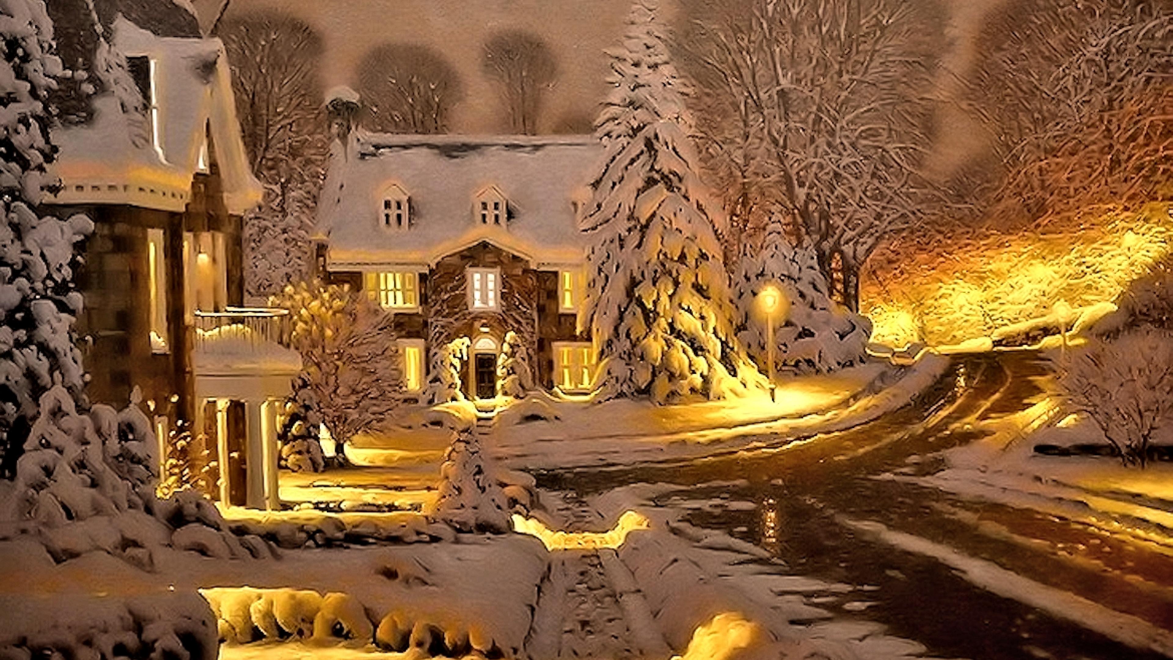 Free download wallpaper Winter, Snow, Light, Tree, House, Village, Painting, Street, Artistic on your PC desktop