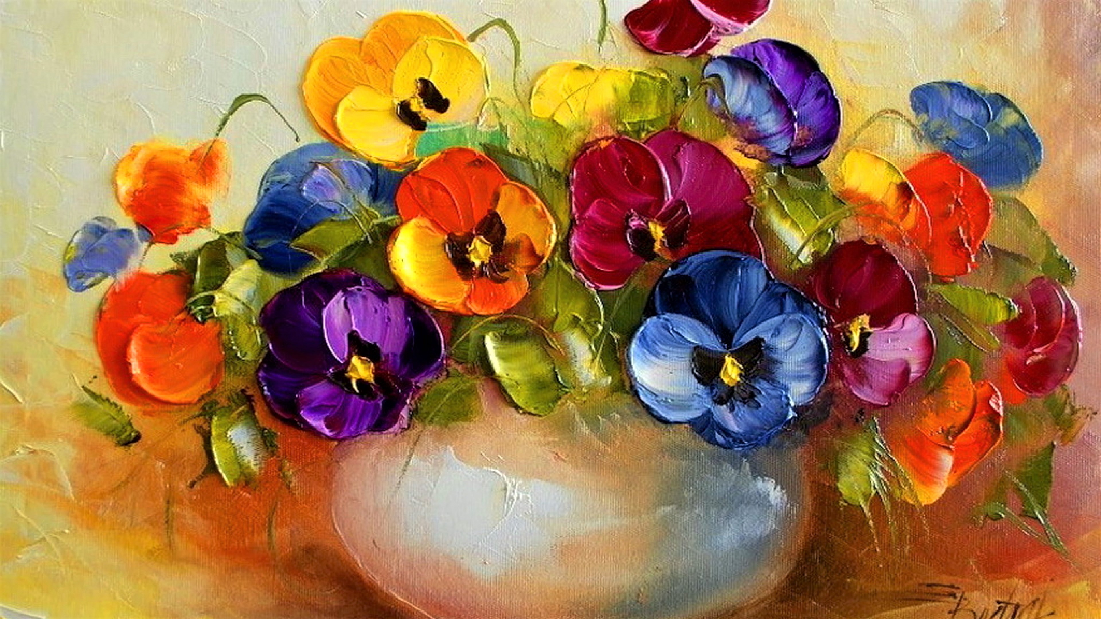Download mobile wallpaper Still Life, Flower, Vase, Colorful, Painting, Artistic, Pansy for free.