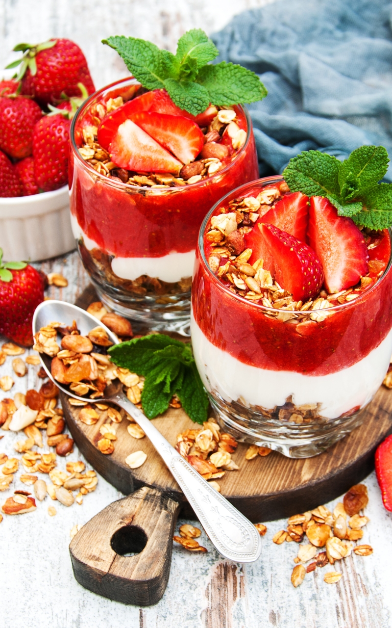 Download mobile wallpaper Food, Strawberry, Dessert, Still Life, Muesli, Yogurt for free.