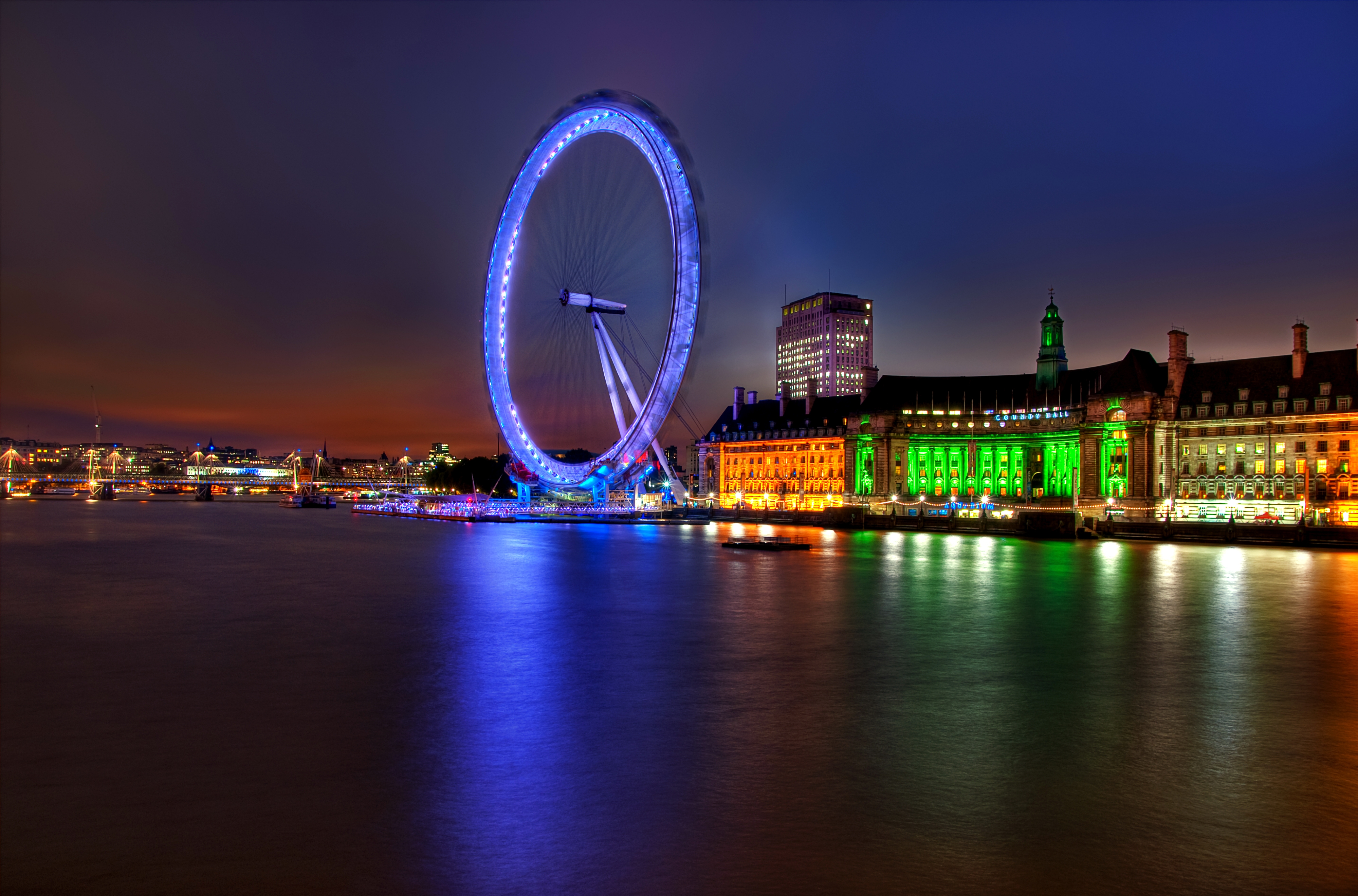 building, lights, great britain, united kingdom, london, architecture, cities, rivers, backlight, illumination, evening, ferris wheel, england, capital, thames