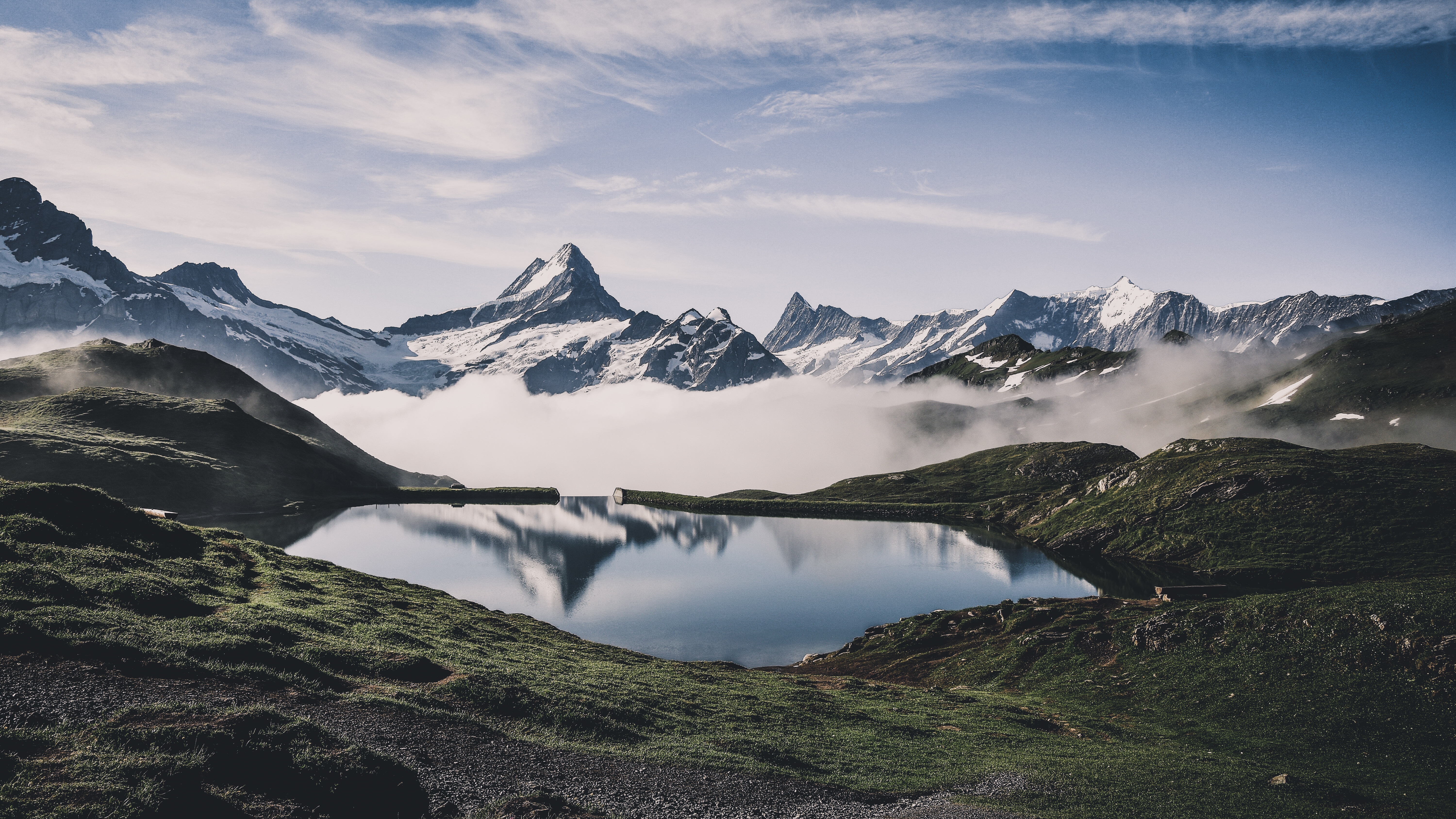 Download mobile wallpaper Fog, Lake, Mountains, Nature, Landscape for free.