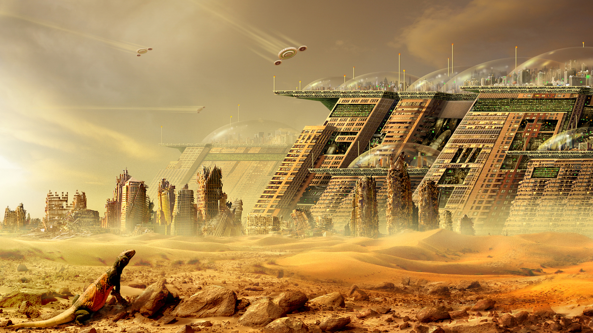 230496 baixar papel de parede ficção científica, cidade, paisagem urbana, deserto, cúpula, lagarto, ruína, navio, tecnologia - protetores de tela e imagens gratuitamente
