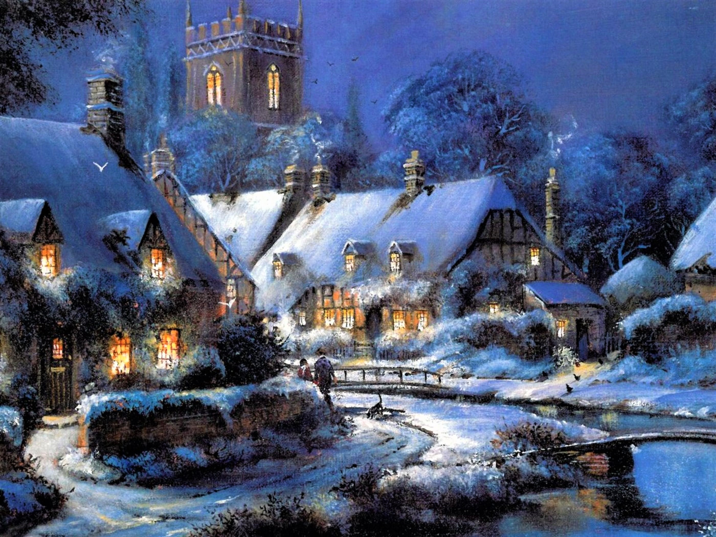 Скачать картинку Зима, Снег, Дом, Деревня, Церковь, Картина, Художественные в телефон бесплатно.