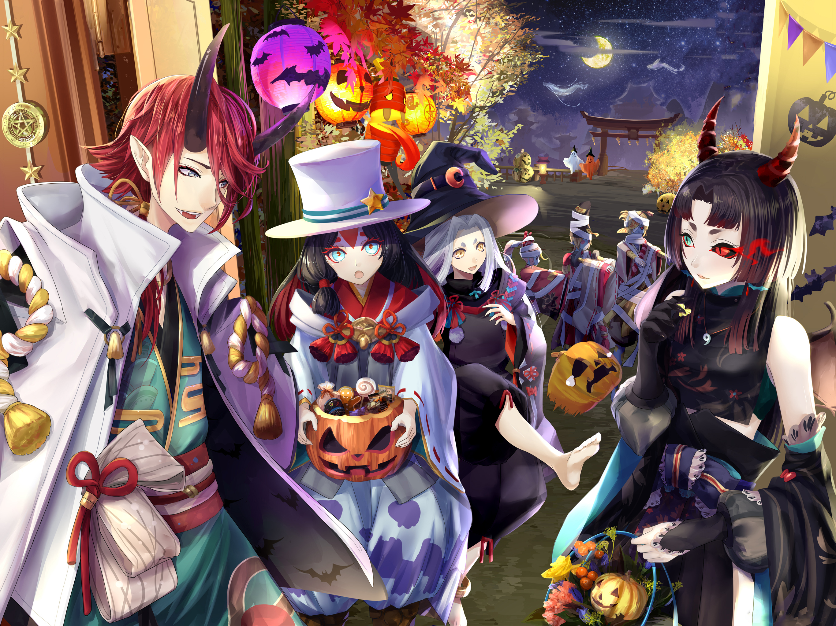 Download mobile wallpaper Anime, Halloween, Night, Moon, Pumpkin, Original, Cosplay, Japanese Clothes, Onmyoji for free.