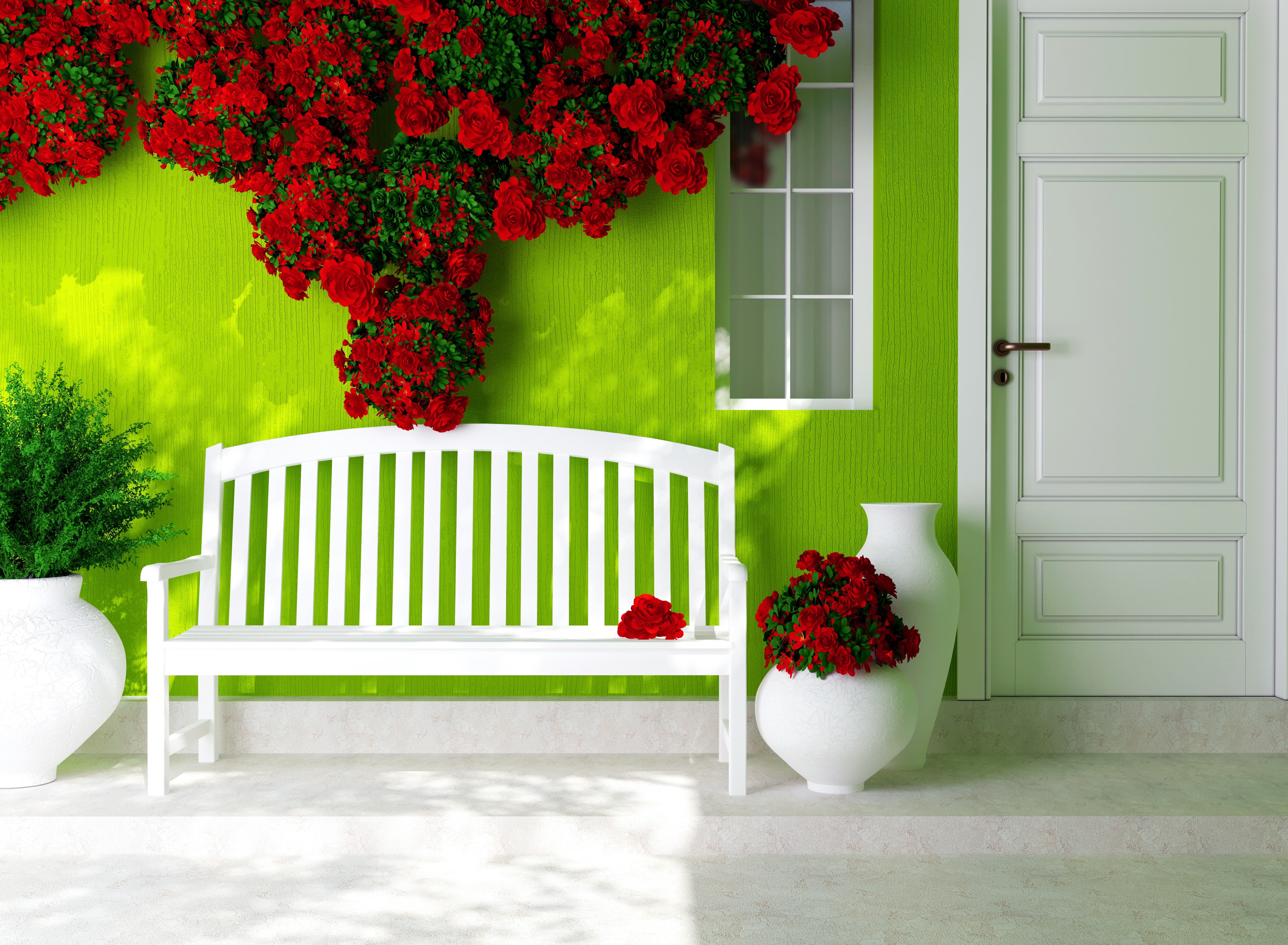 Handy-Wallpaper Bank, Blume, Vase, Tür, Rote Blume, Menschengemacht kostenlos herunterladen.