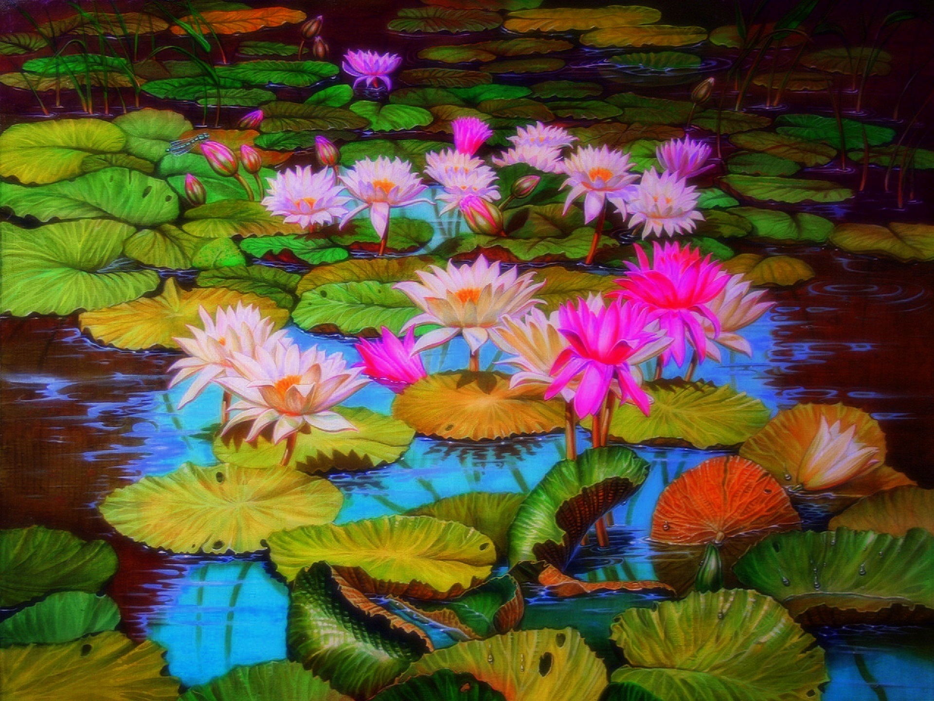 Download mobile wallpaper Nature, Flowers, Lotus, Flower, Painting, Pond, Artistic, Pink Flower, Lily Pad for free.
