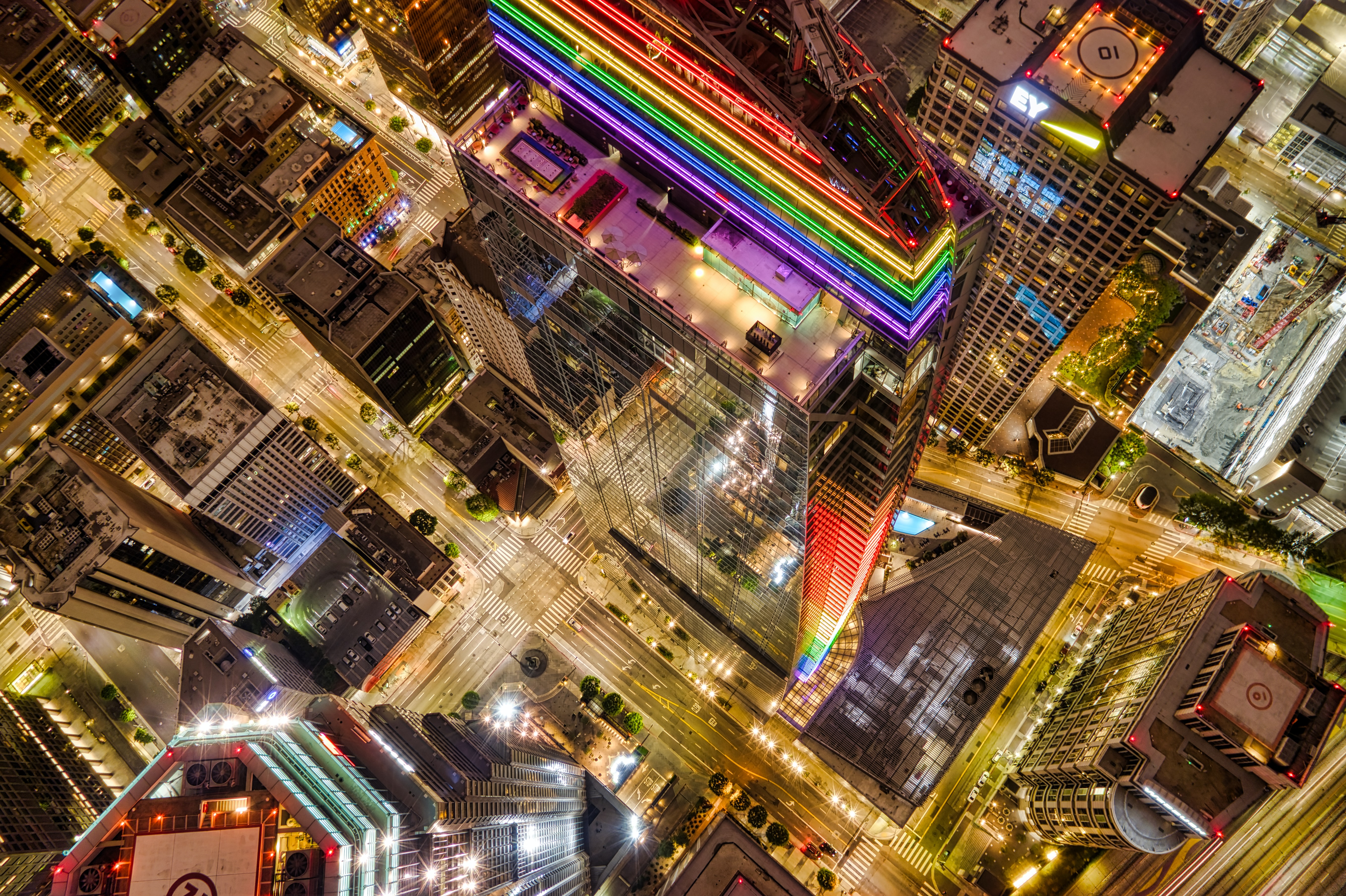 Download mobile wallpaper Cities, Building, View From Above, City, Illumination, Motley, Backlight, Multicolored for free.