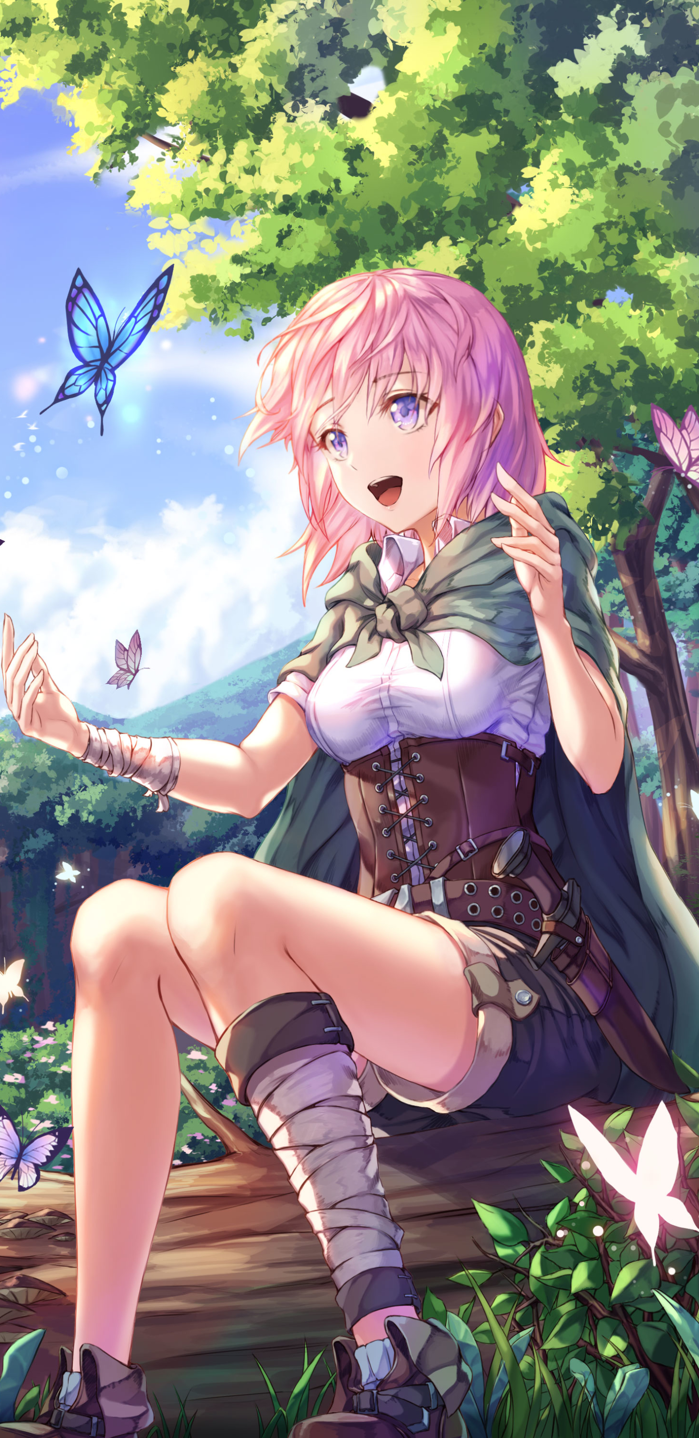 Download mobile wallpaper Anime, Butterfly, Smile, Blue Eyes, Original, Pink Hair, Short Hair for free.