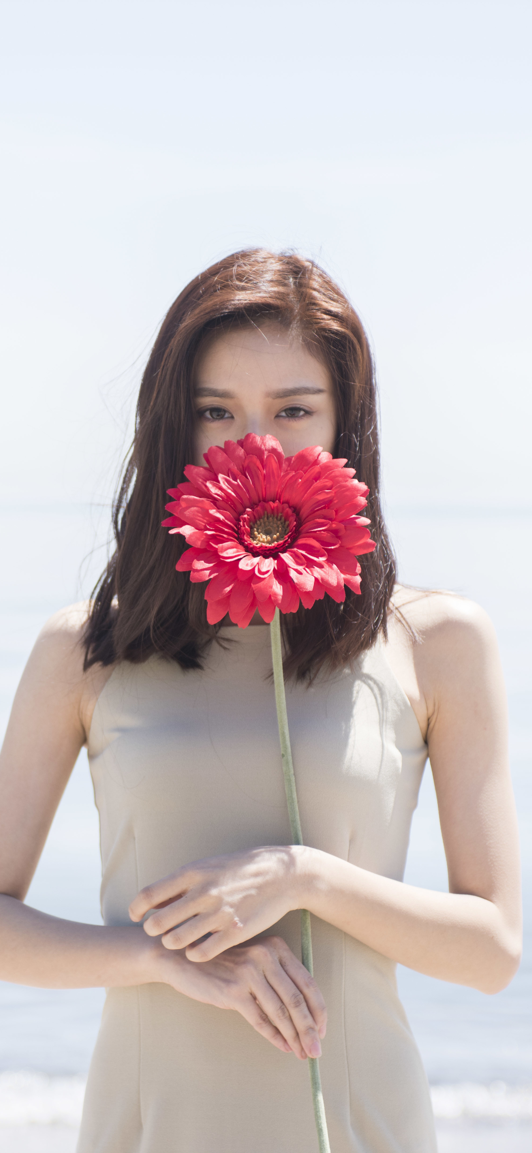 Download mobile wallpaper Brunette, Model, Women, Asian, Brown Eyes, Red Flower for free.