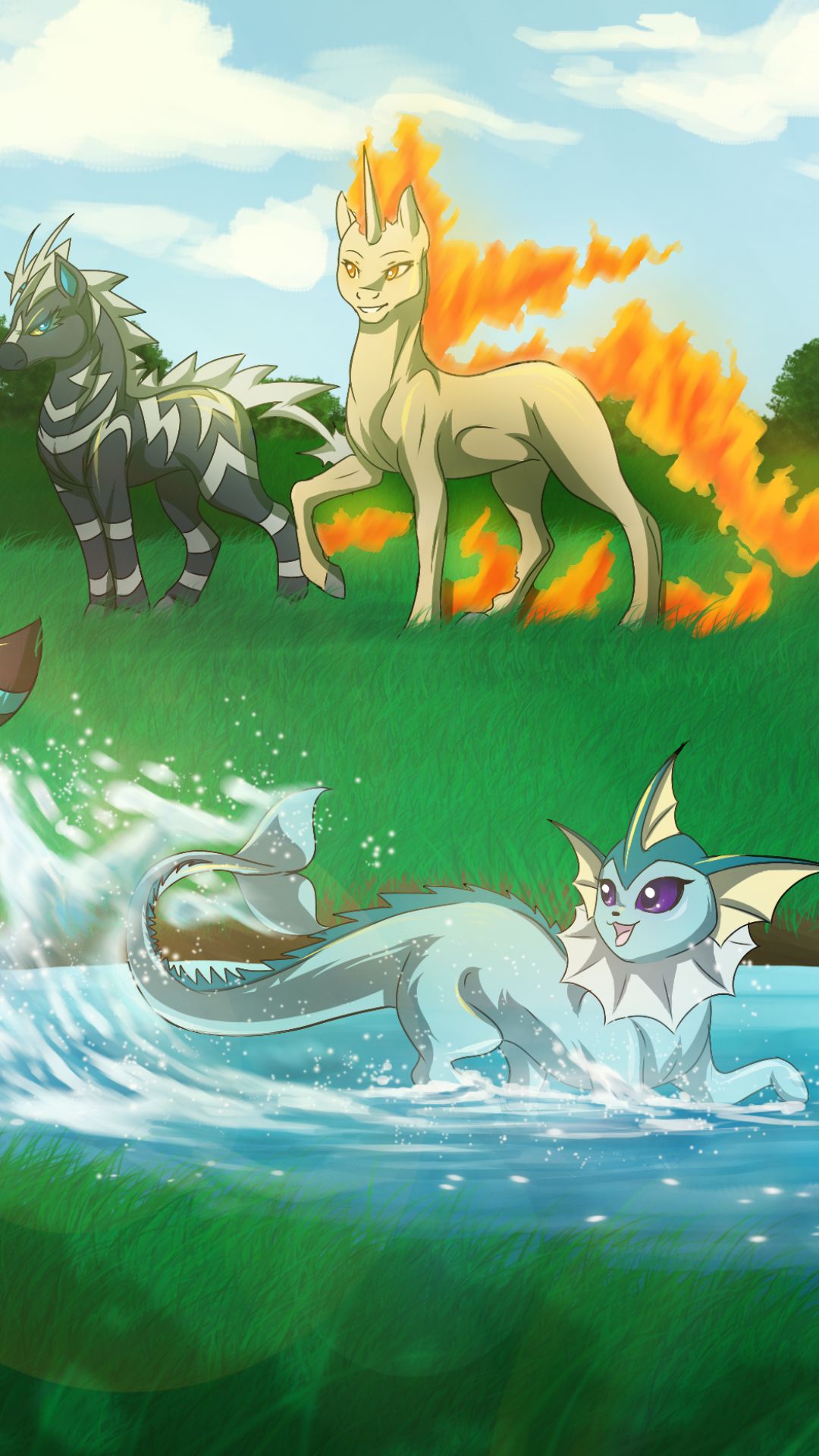 Download mobile wallpaper Anime, Pokémon, Shiny Pokémon, Rapidash (Pokémon), Eeveelutions, Vaporeon (Pokémon), Zebstrika (Pokémon) for free.