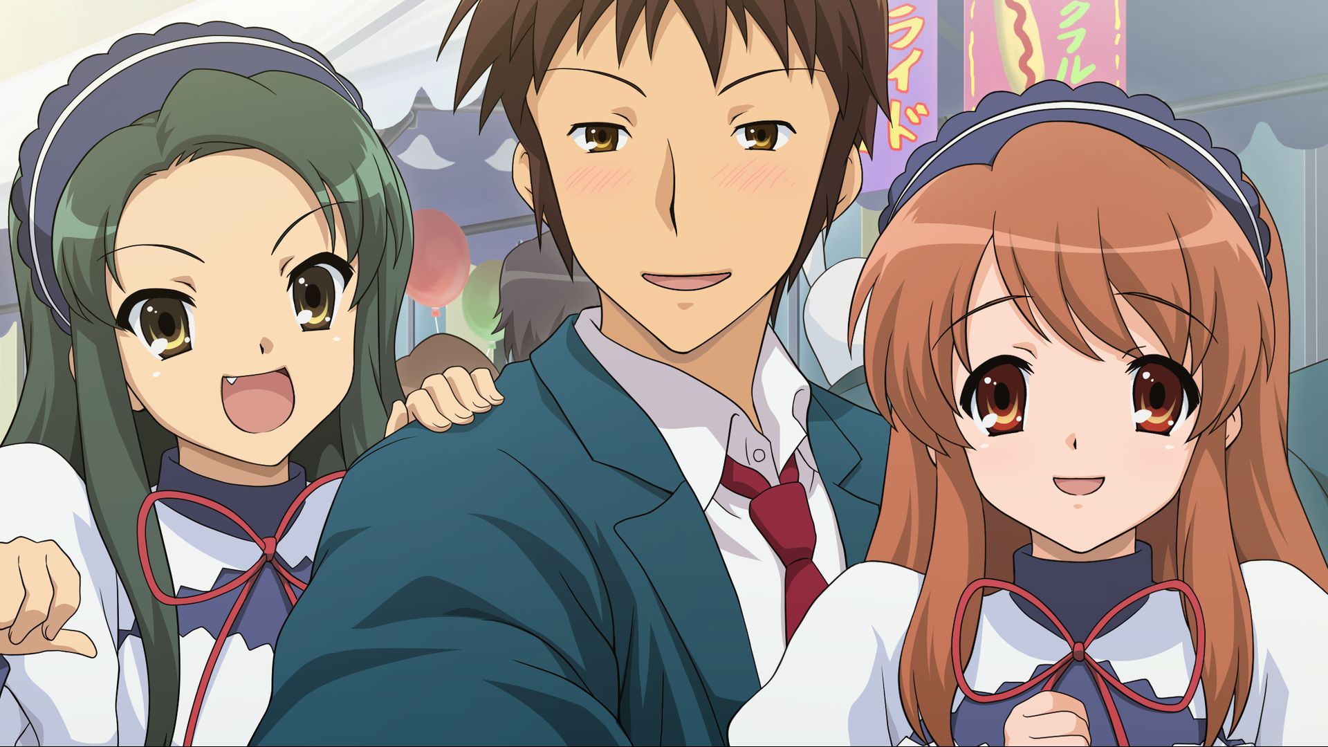 Laden Sie das Animes, Suzumiya Haruhi No Yūutsu, Kyon (Haruhi), Mikuru Asahina, Tsuruya (Haruhi)-Bild kostenlos auf Ihren PC-Desktop herunter