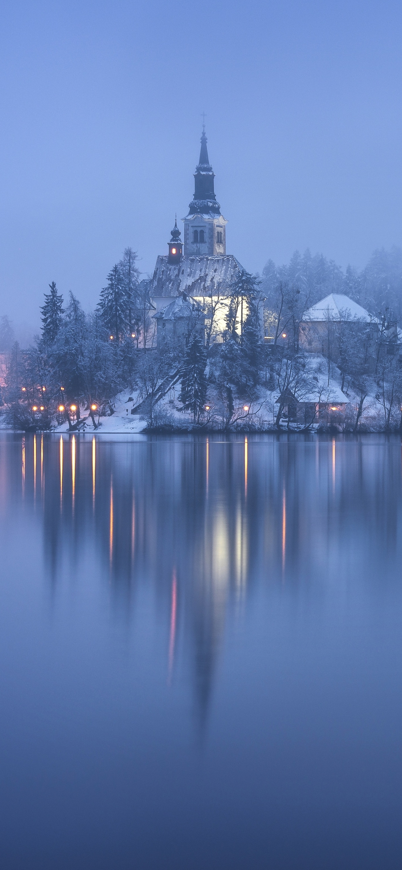 Download mobile wallpaper Winter, Slovenia, Churches, Lake Bled, Religious, Assumption Of Mary Church for free.