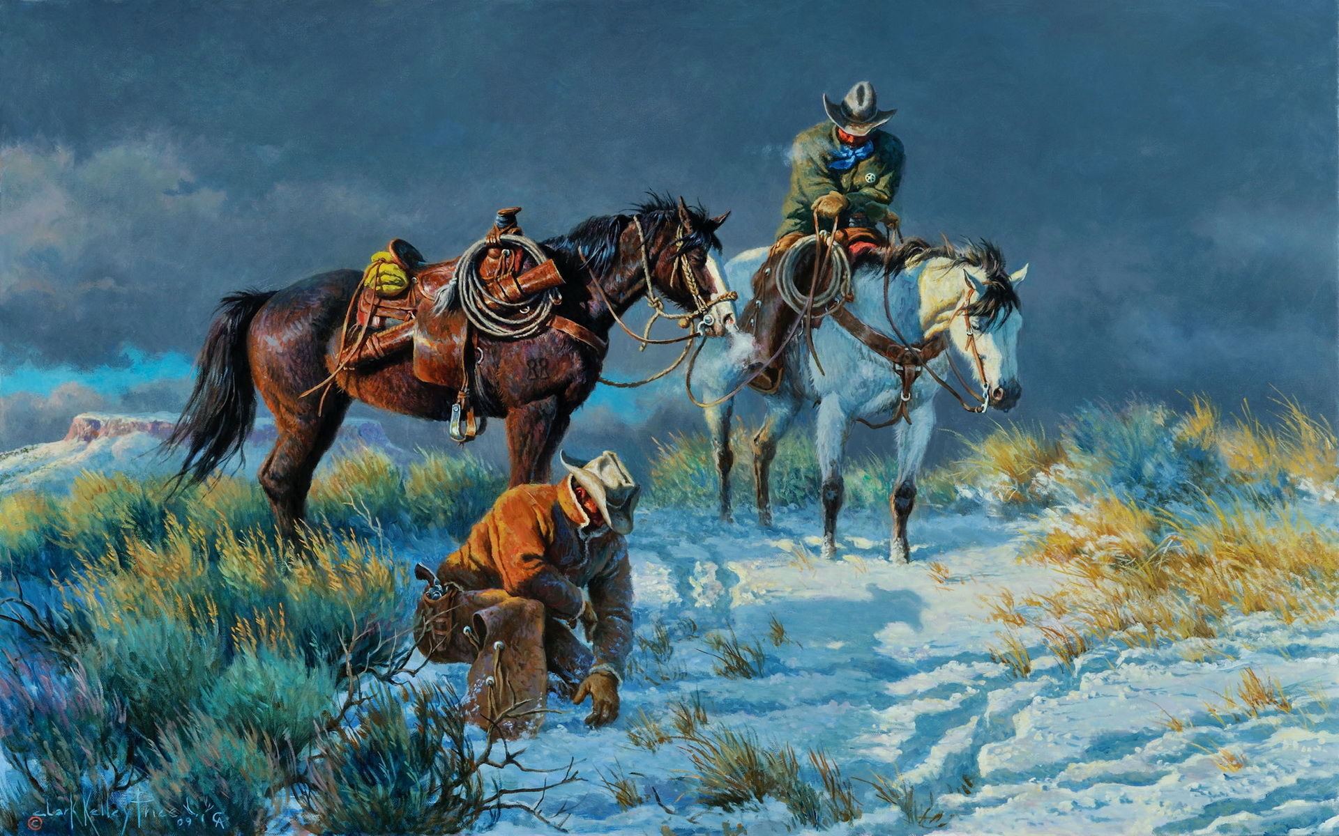 663666 baixar papel de parede vaqueiro, artistico, pintura, pistola, cavalo, neve - protetores de tela e imagens gratuitamente
