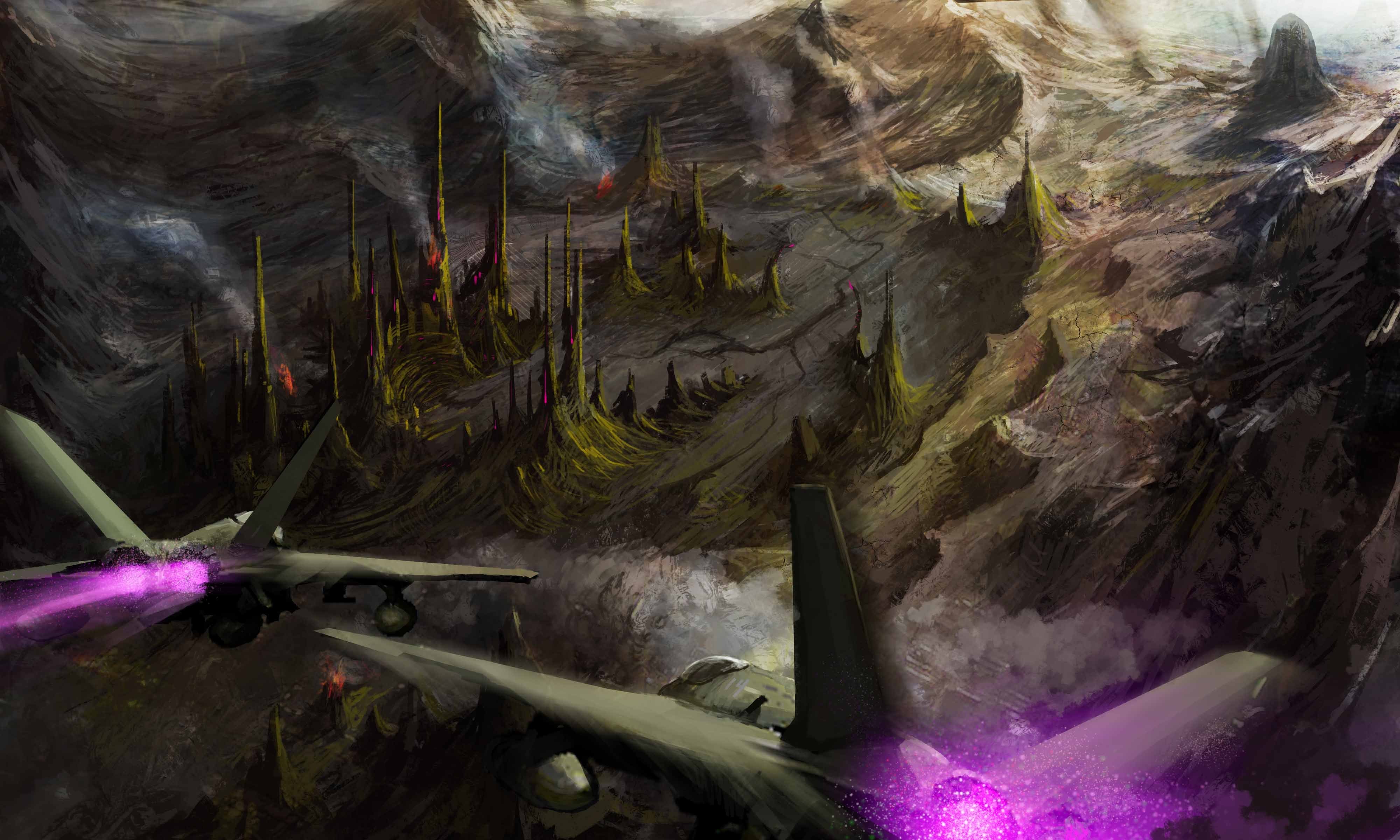 Download mobile wallpaper Landscape, Fantasy, Dark, Airplane, Sci Fi, Battle, Aircraft, Jet Fighter for free.