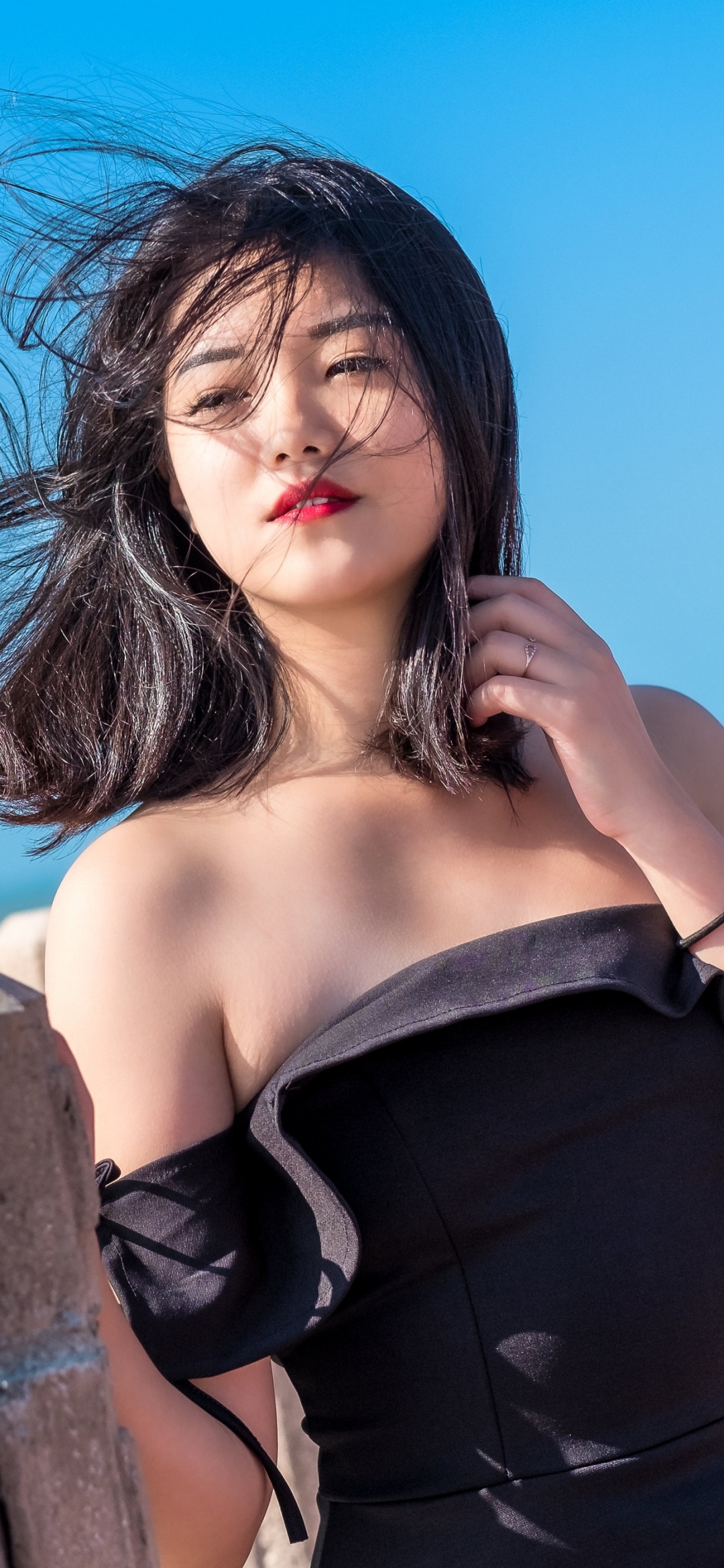 Download mobile wallpaper Model, Women, Asian, Black Hair, Black Dress, Lipstick for free.