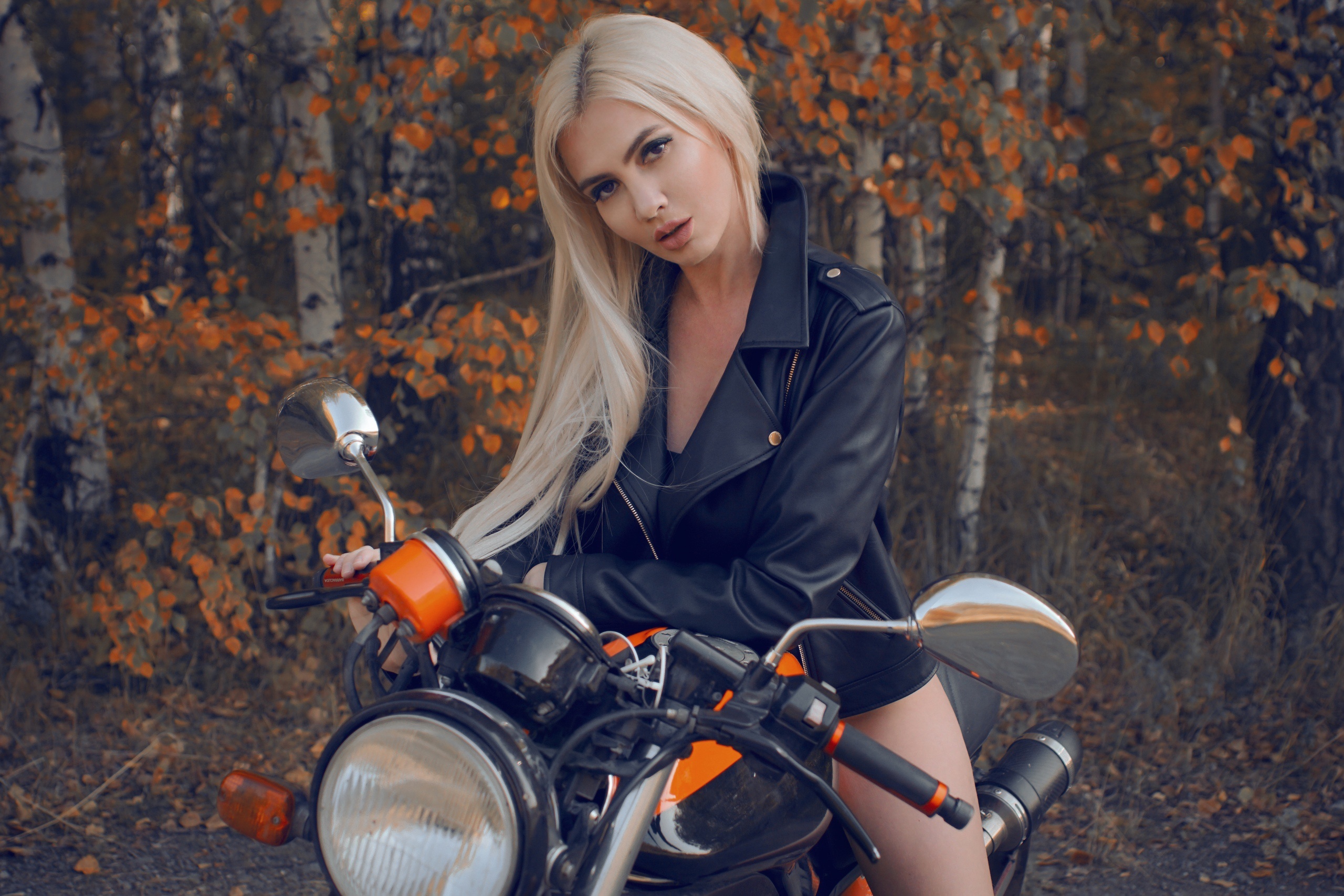Download mobile wallpaper Motorcycle, Blonde, Model, Women, Long Hair, Leather Jacket for free.