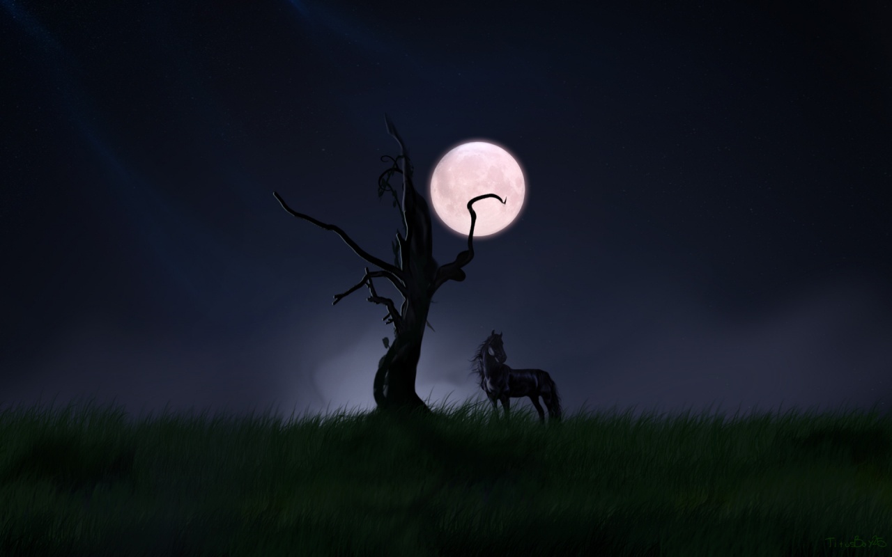 Download mobile wallpaper Moon, Tree, Animal, Artistic, Horse for free.