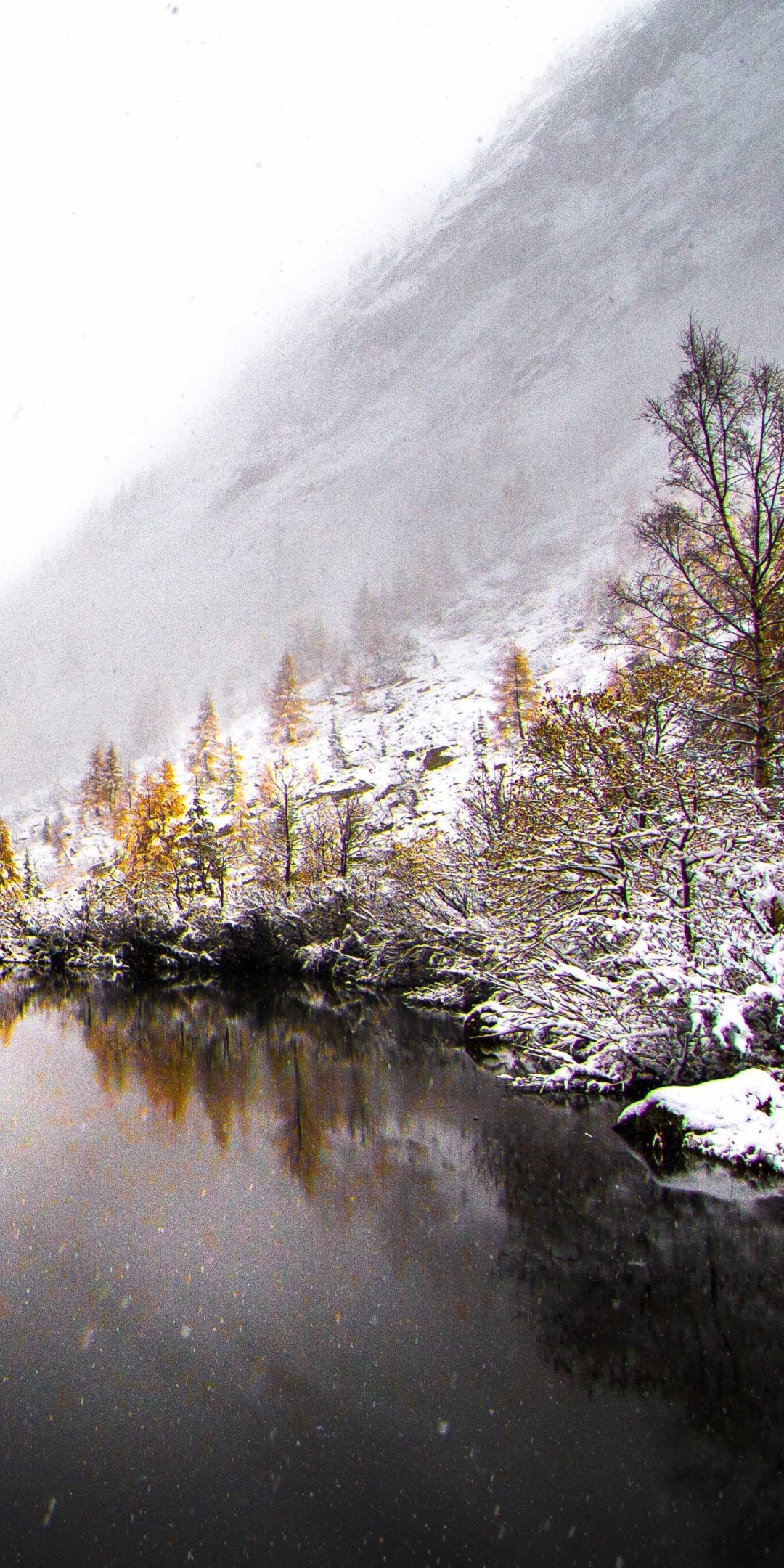 Download mobile wallpaper Winter, Nature, Lake, Reflection, Fog, Earth, Snowfall for free.