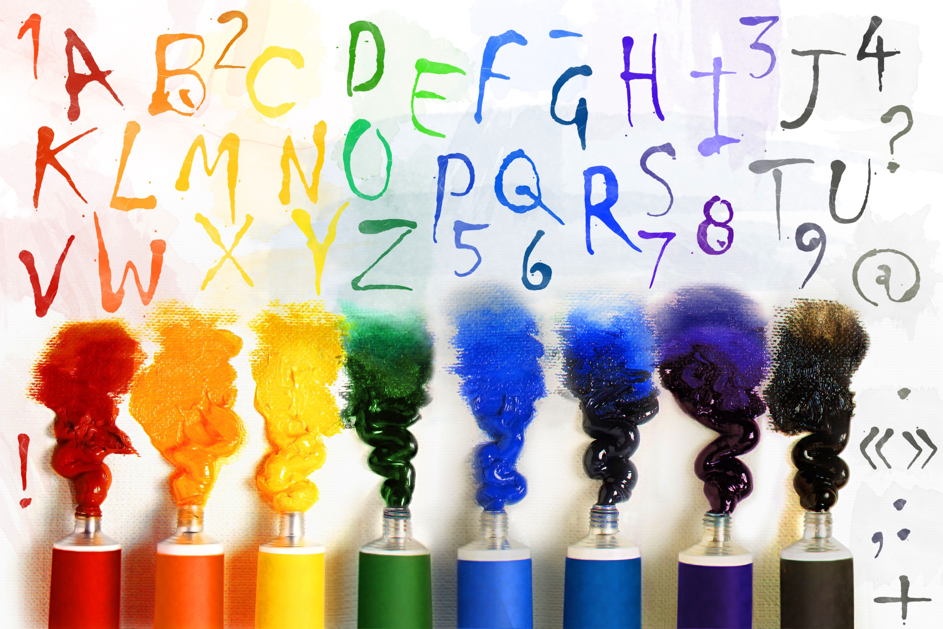 rainbow, miscellanea, miscellaneous, paint, letters, english, tubes
