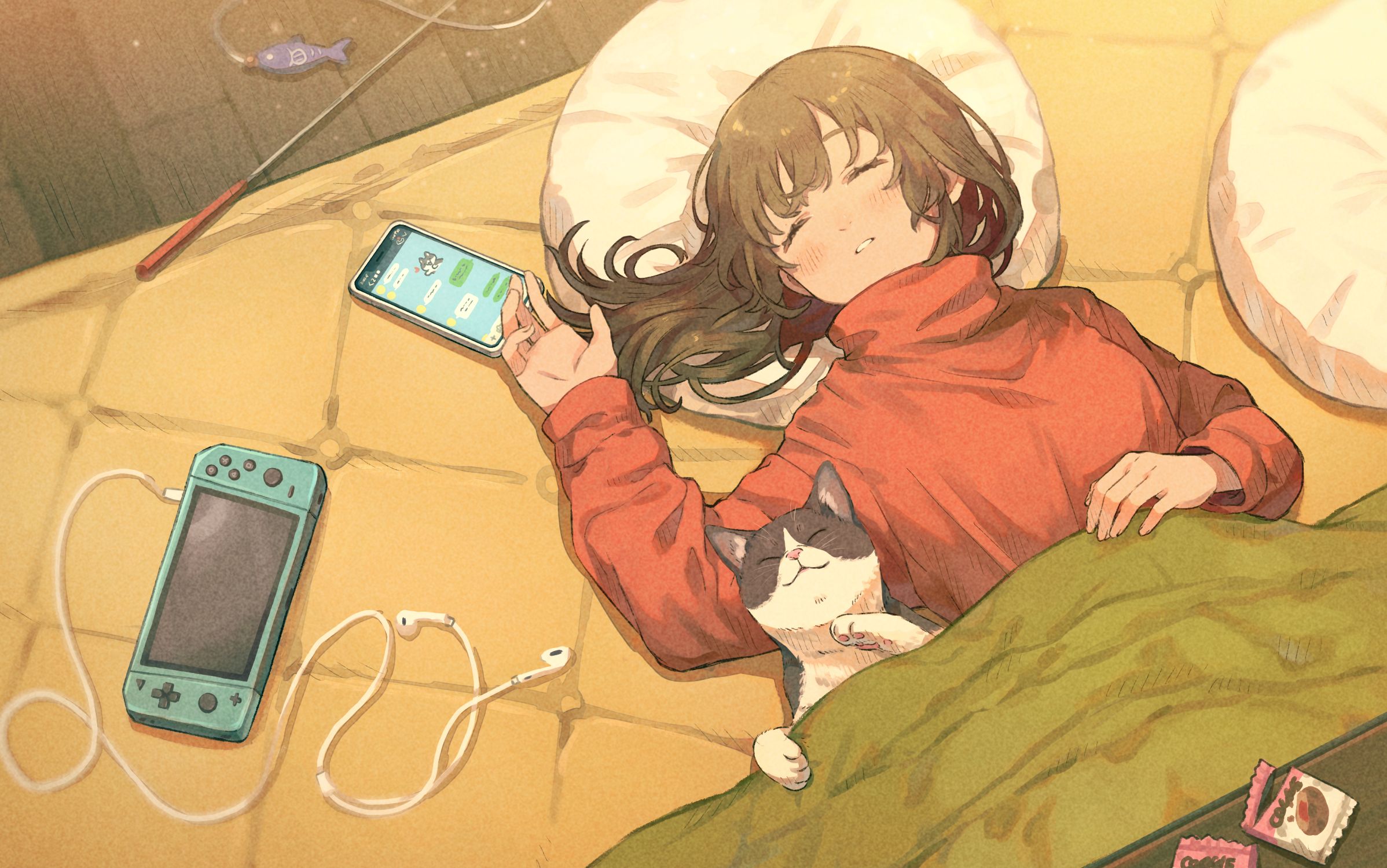 Скачать картинку Аниме, Кот, Девочка, Спать в телефон бесплатно.