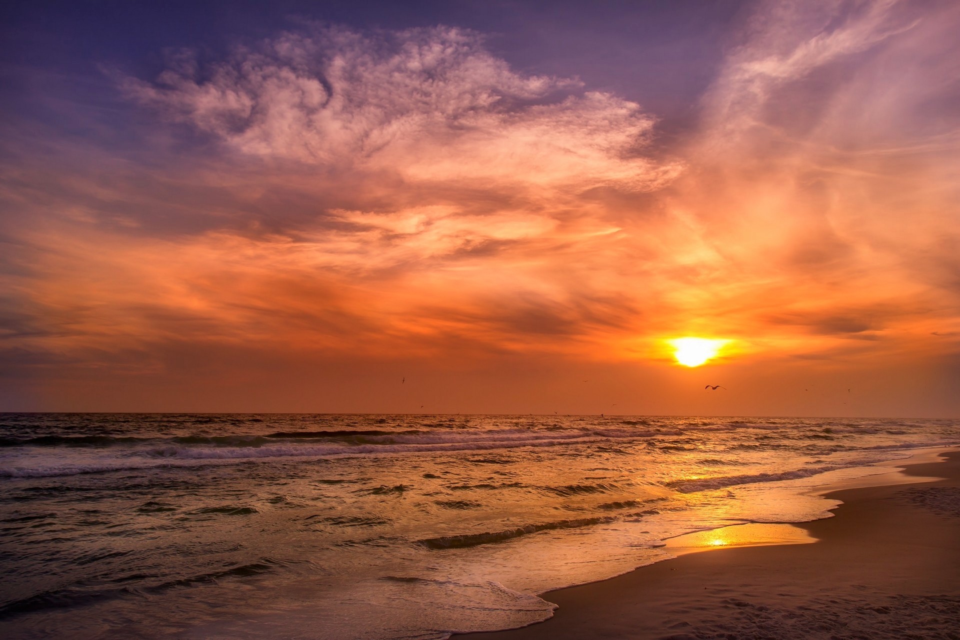 Download mobile wallpaper Sunset, Sky, Sea, Sun, Beach, Horizon, Ocean, Earth for free.