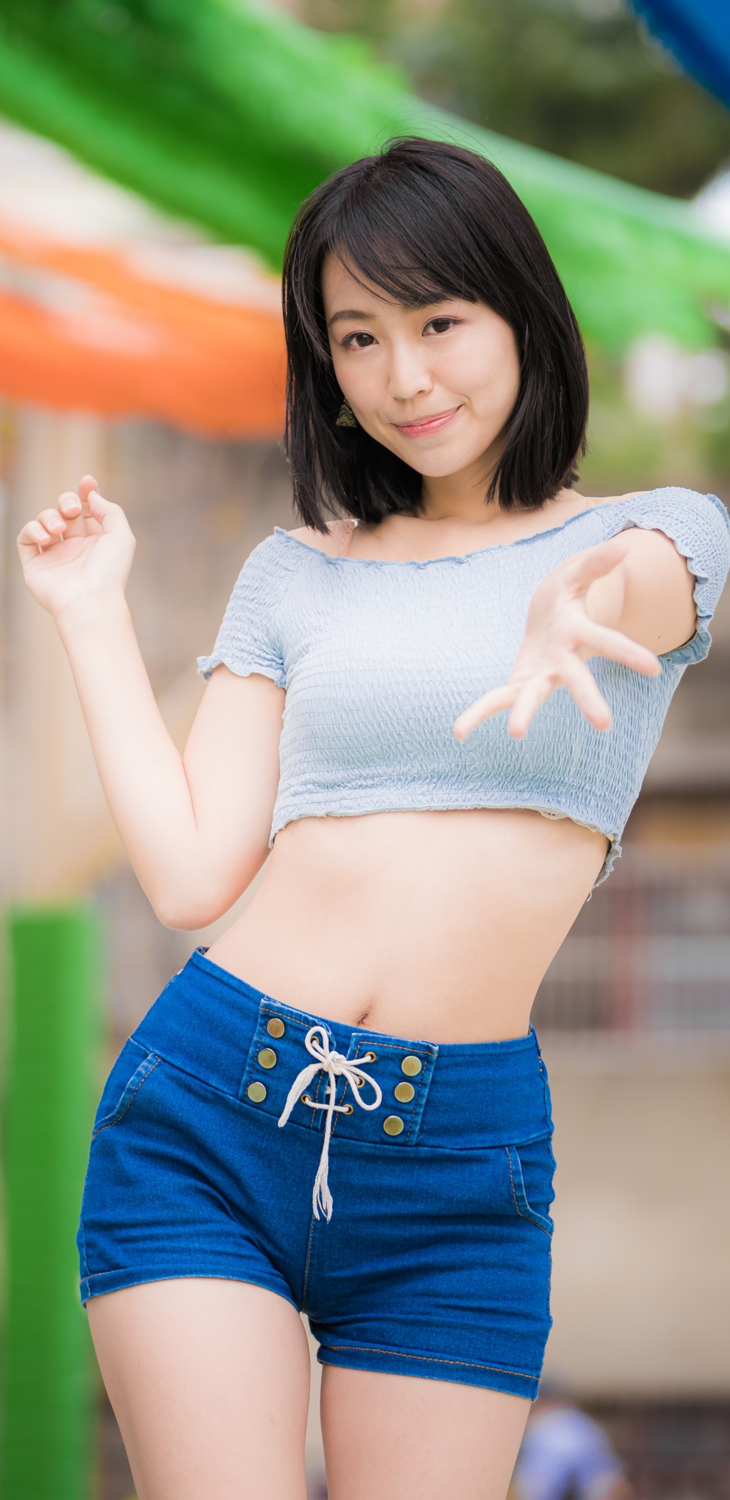 Download mobile wallpaper Model, Women, Shorts, Asian, Black Hair, Short Hair, Depth Of Field for free.