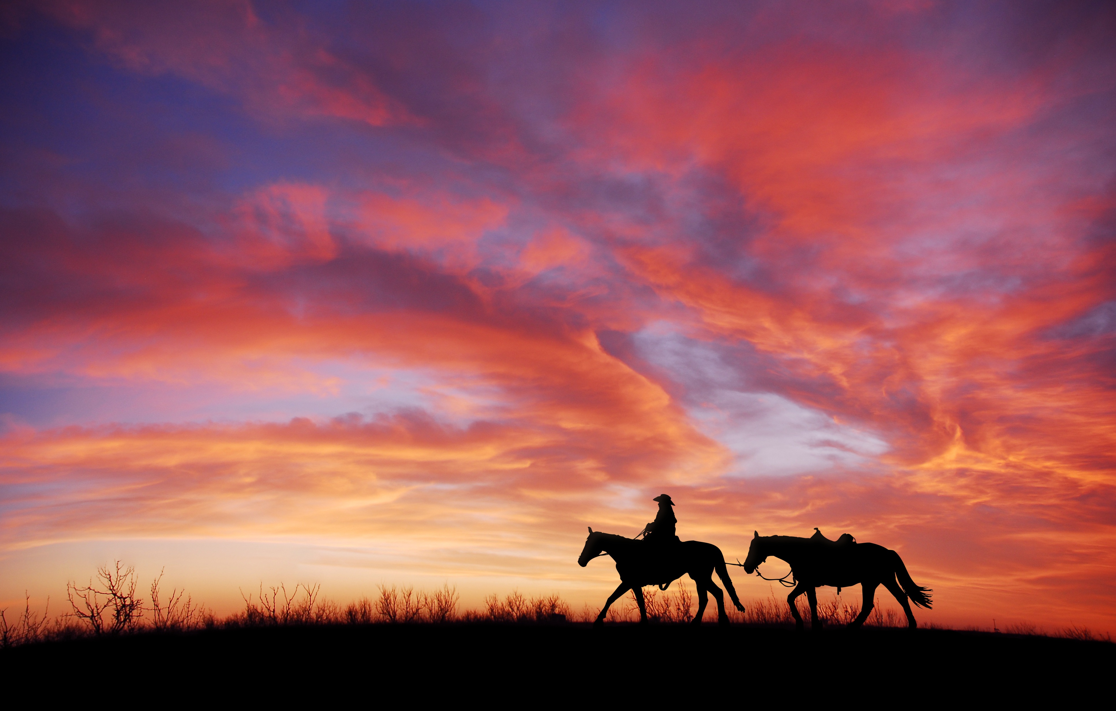 Free download wallpaper Sunset, Sky, Silhouette, Cloud, Horse, Photography, Cowboy on your PC desktop