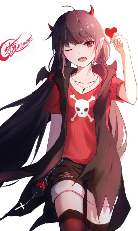 Download mobile wallpaper Anime, Smile, Heart, Shorts, Original, Red Eyes, Black Hair, Long Hair for free.