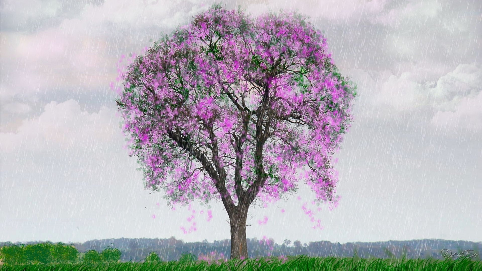 Download mobile wallpaper Nature, Sky, Rain, Tree, Spring, Artistic, Cloud, Blossom for free.
