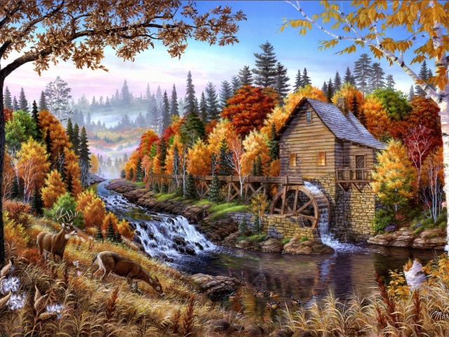 Download mobile wallpaper Landscape, Fall, Deer, Artistic, River, Watermill for free.