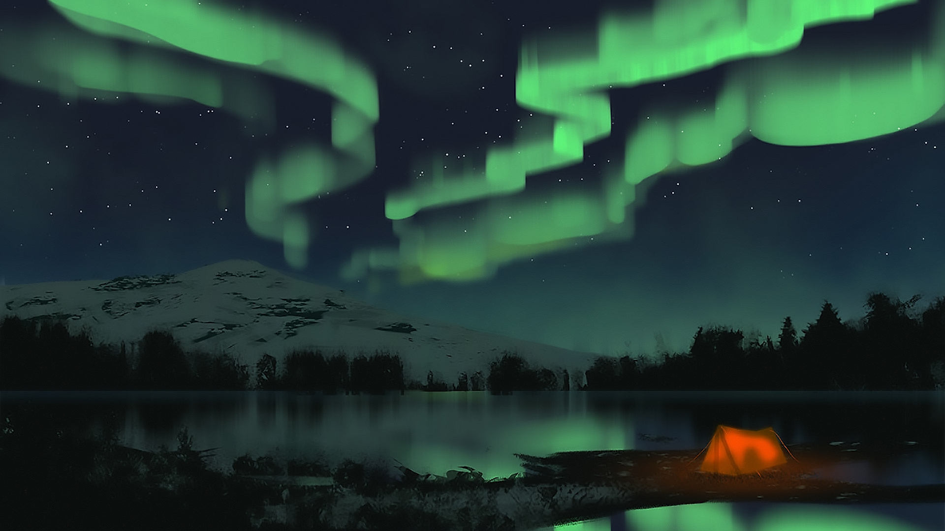 aurora borealis, fantasy, landscape, lake, mountain, night, stars, tent, tree