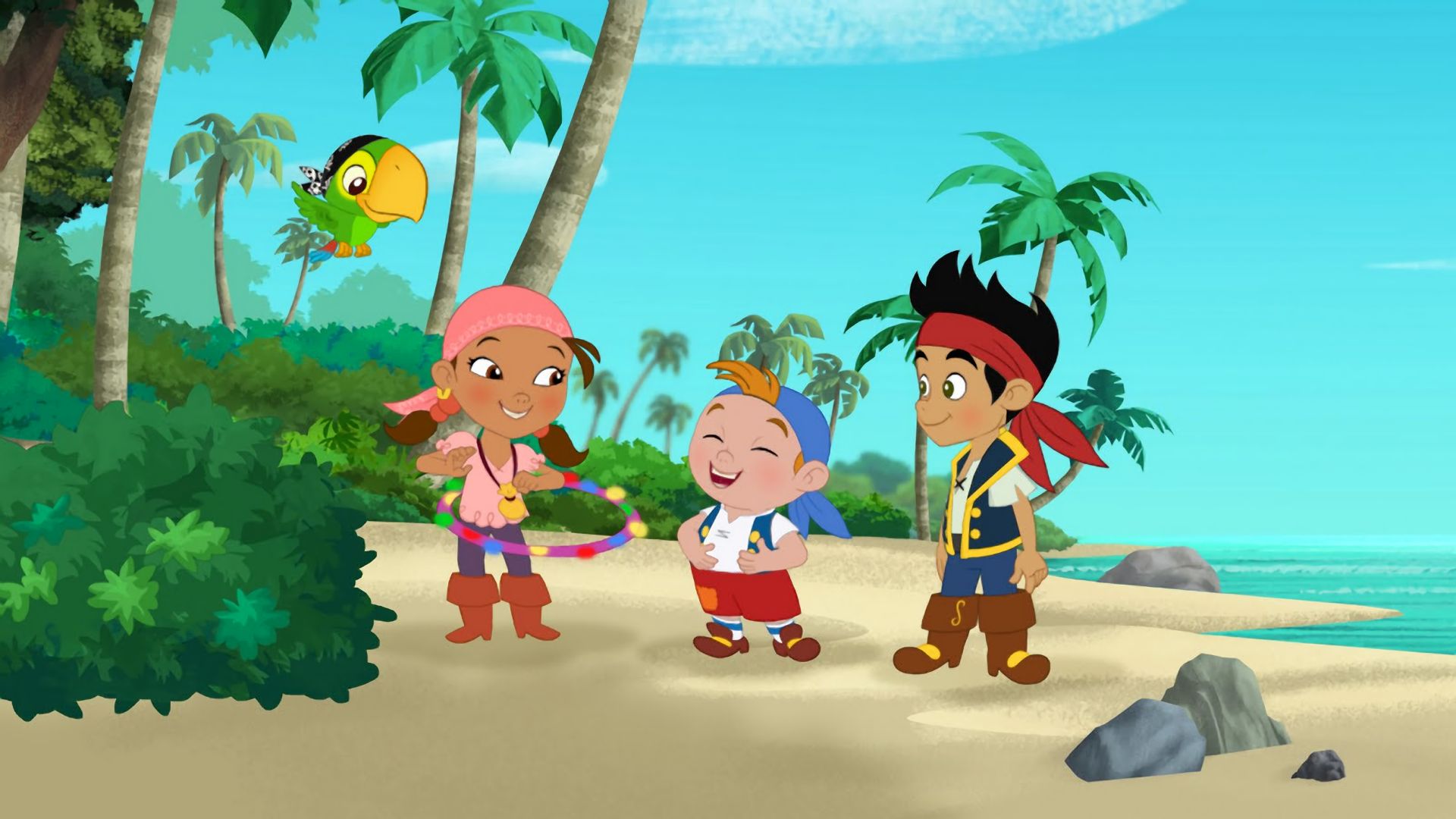 Download mobile wallpaper Beach, Sand, Vegetation, Child, Pirate, Parrot, Tv Show, Palm Tree, Jake And The Never Land Pirates for free.