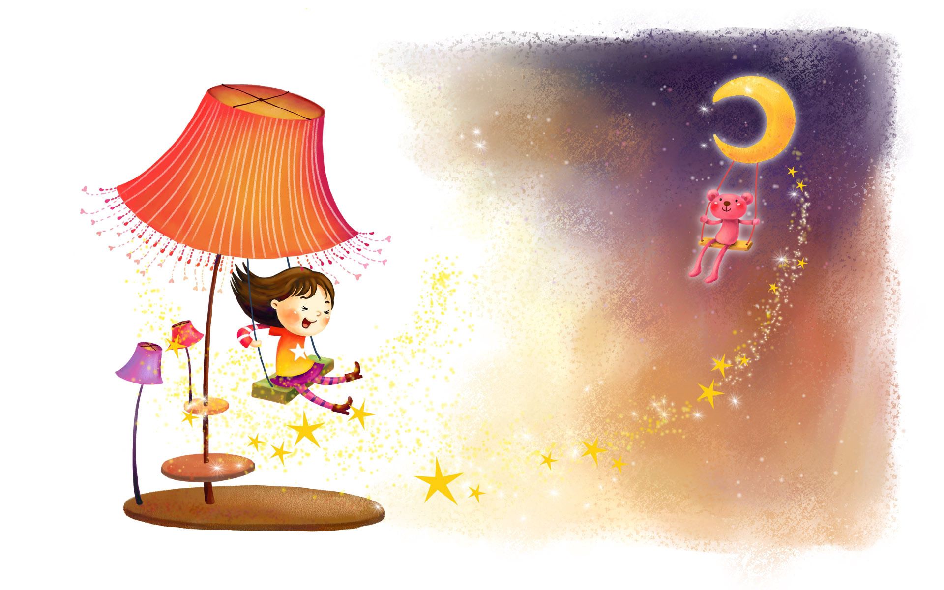 lamp, fantasy, stars, miscellanea, miscellaneous, picture, drawing, girl, animal, beast, swing, wind, childhood, laugh, laughter