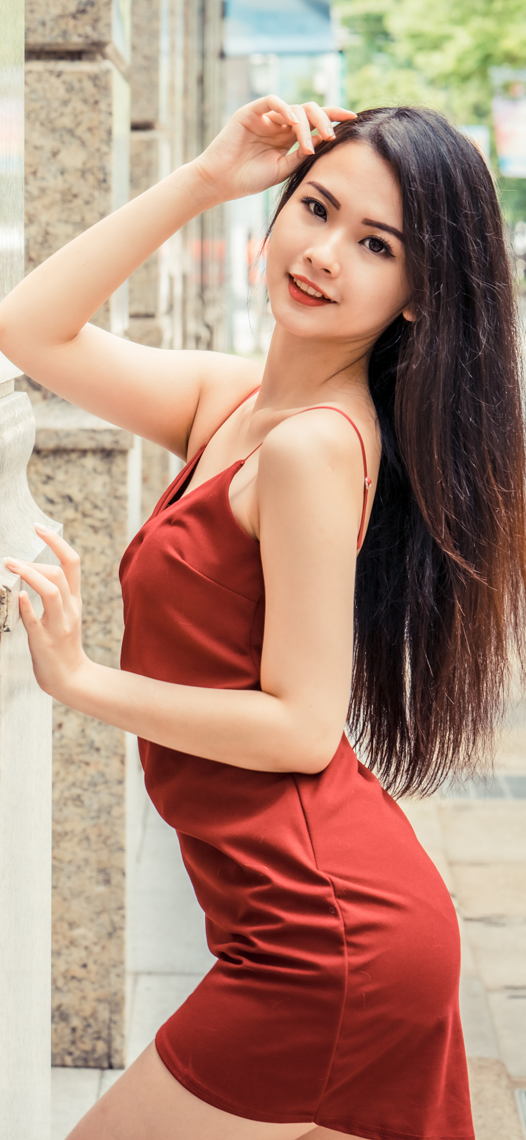 Download mobile wallpaper Brunette, Model, Women, Asian, Long Hair, Red Dress for free.